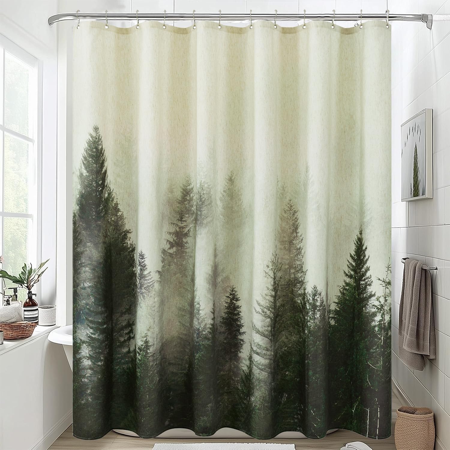 ORTIGIA Mountain Forest Shower Curtain –Heavy Blend Linen Fabric, Black & Green Nature Tree, Foggy Woodland Bathroom Curtain, 72x72 Inch, Includes 12 Metal Hooks.