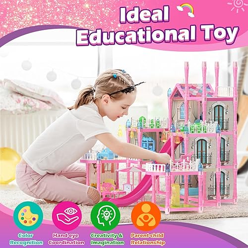 Miniatura 2 de Casa de muñecas de princesa para niñas, casa de muñecas de ensueño con coche de pista, muñecas, mascotas, luces, muebles y accesorios, casa de