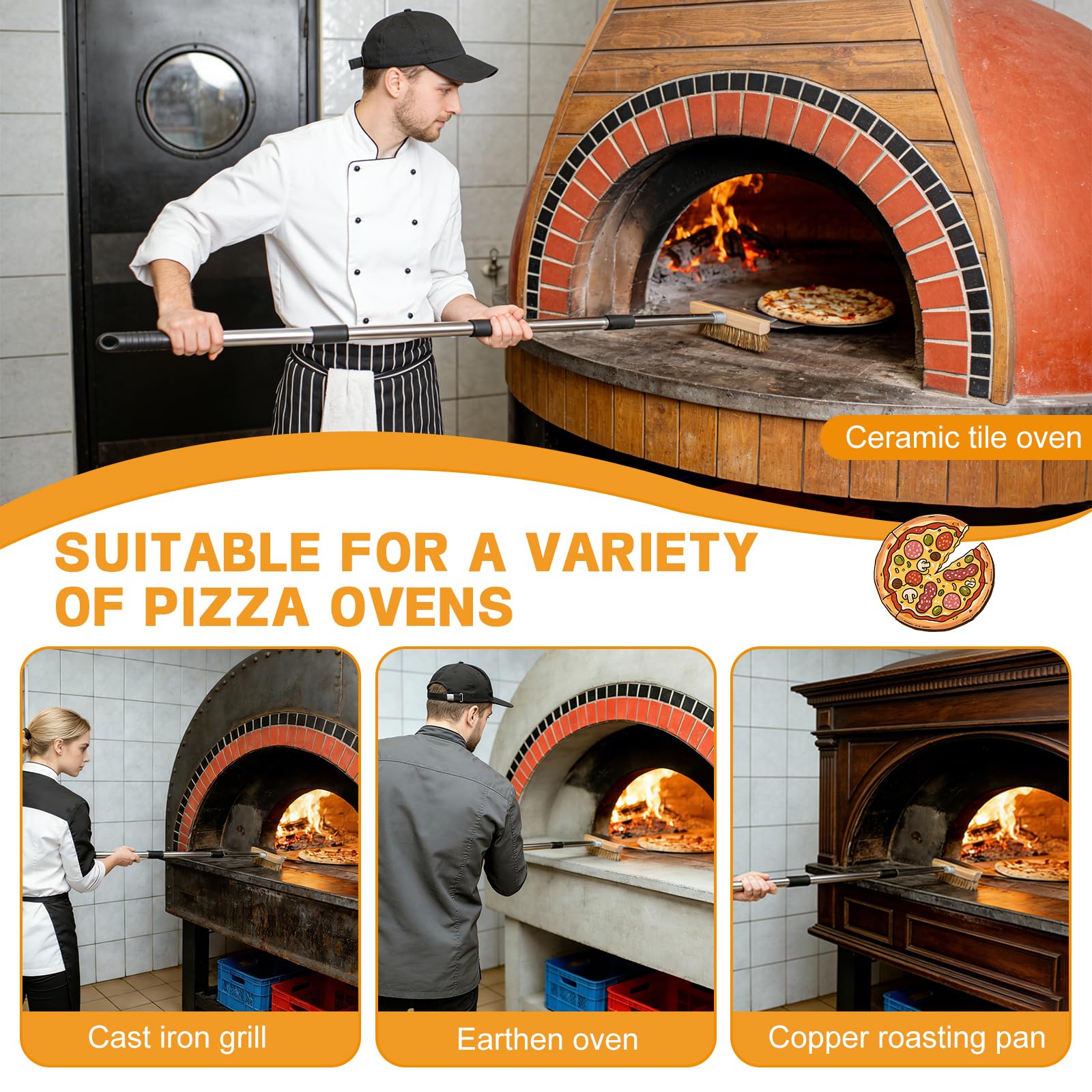 EXLECO Spazzola per Forno Pizza Smontabile da 78-150 cm, Testina da 25 cm con Raschietto in Inox, Spazzola Ottone e Manico Tubolare, Accessori per Pulire Pale e Pietra Refrattaria