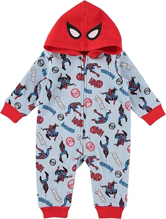 Spider-Man Baby Boys Bodysuit One Piece | Long-Sleeve Hooded Fleece Jumpsuit - Newborn Boy Clothes