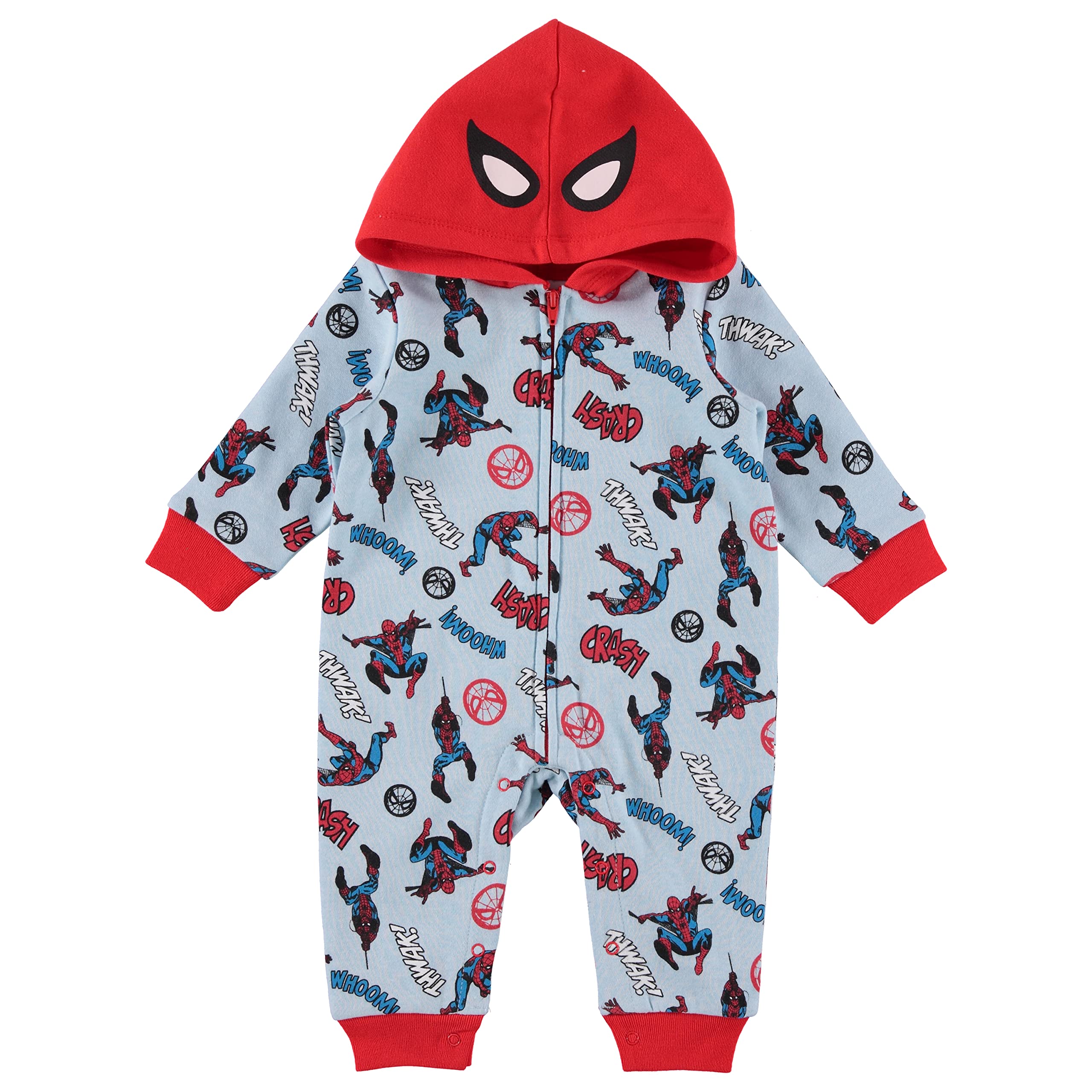 Spider-Man Baby Boys Bodysuit One Piece - Long-Sleeve Hooded Fleece Jumpsuit - Newborn Boy Clothes (Blue/Red, 3-6 Months)