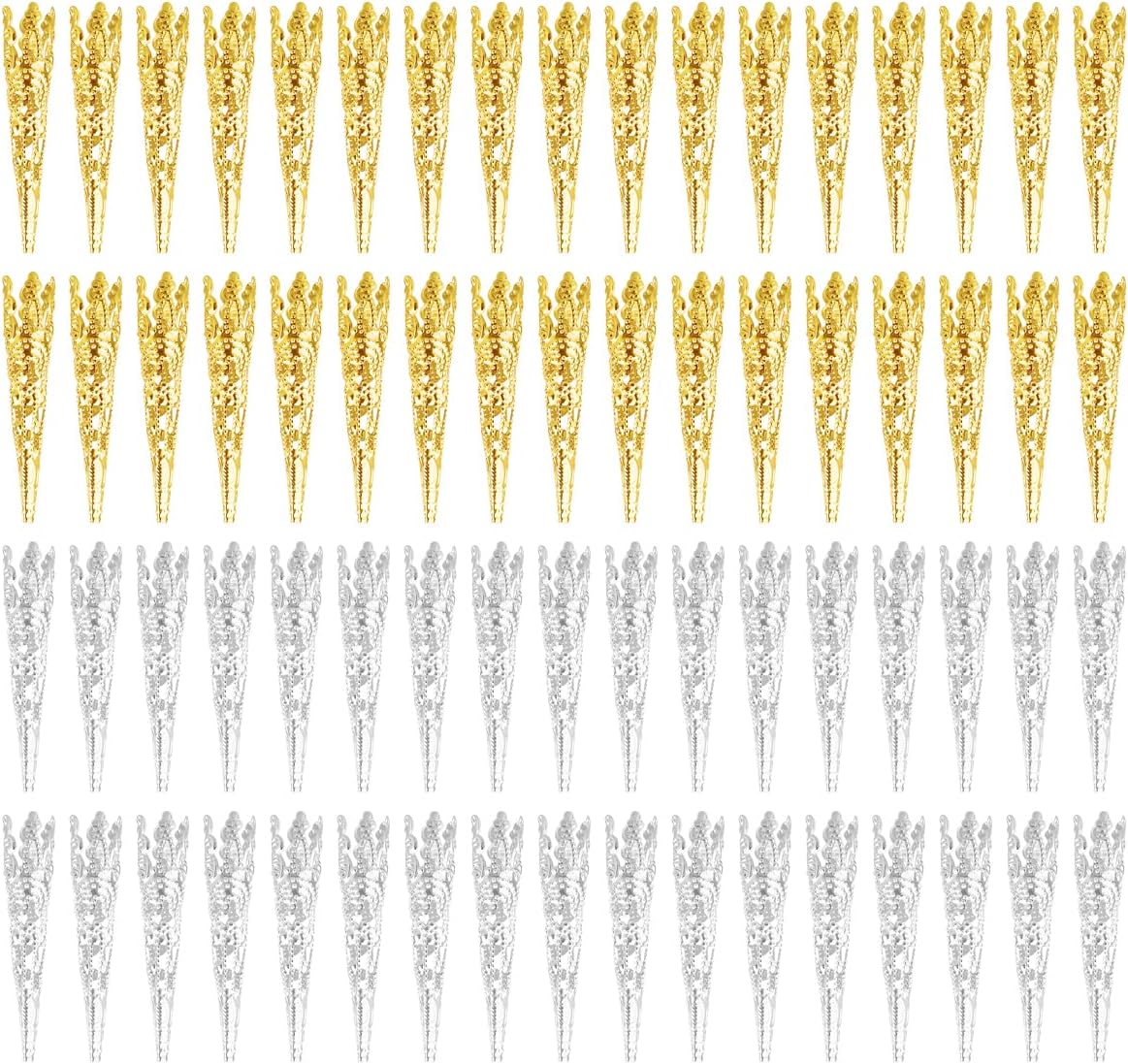200pcs Gold & Silver Flower Bead Tibetan Style Metal Cones End Caps Flower Petal Spacer Beads for Tassel Jewelry DIY Craft Making