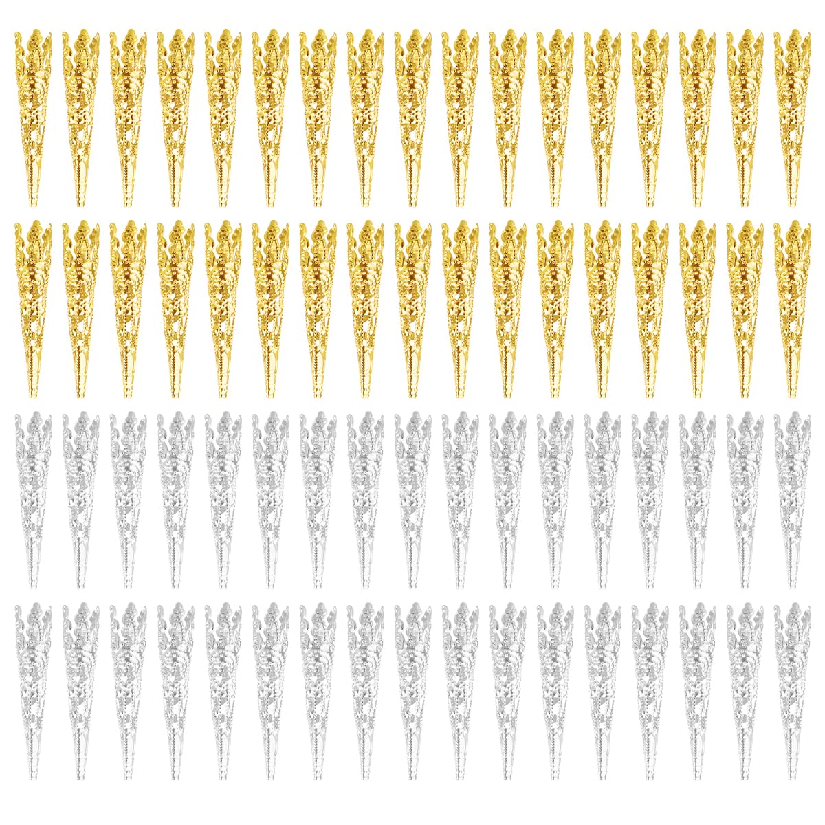 200pcs Gold & Silver Flower Bead Tibetan Style Metal Cones End Caps Flower Petal Spacer Beads for Tassel Jewelry DIY Craft Making