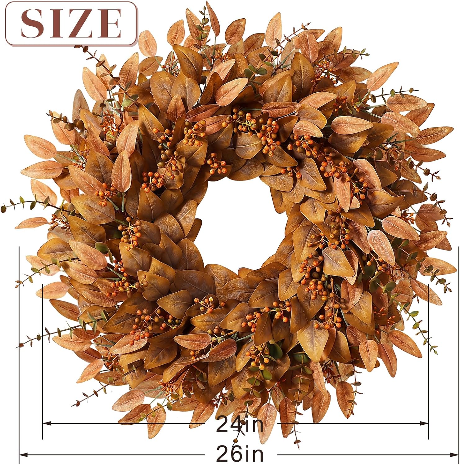 26" Fake Fall Eucalyptus Wreath with Berry for Front Door Decor(Orange)