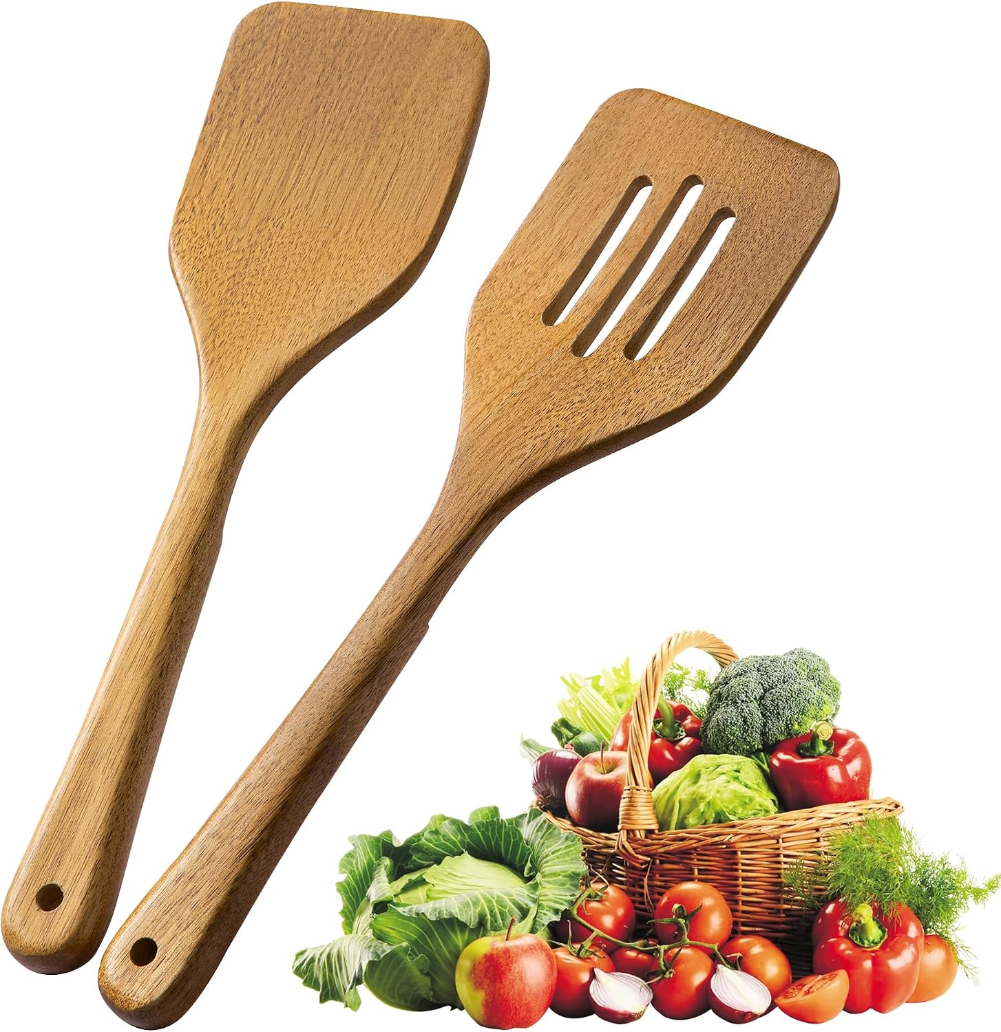 Wooden Utensil Set 2 Pcs - Natural Non-Toxic Acacia Wooden Spoons for Cooking, Nonstick, Sturdy, Easy to Clean, Wood Kitchen Utensils Set, Ideal for Gifting