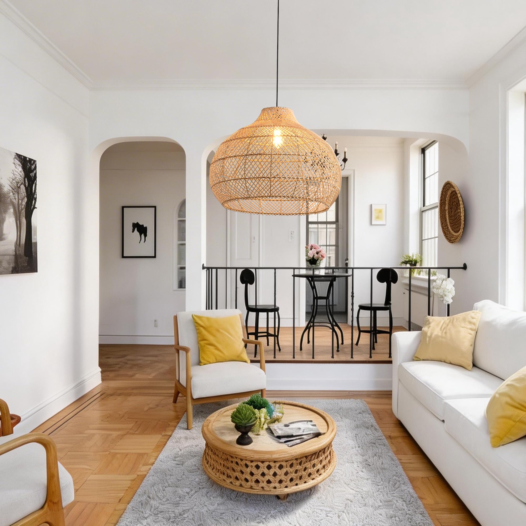 Parrot Uncle Große Rattan-Pendelleuchte, natürlicher Rattanschirm, Eisengestell, höhenverstellbar, E27-Fassung, 60 cm, für Wohnzimmer Esszimmer (Ohne Leuchtmittel) [Energieklasse A]