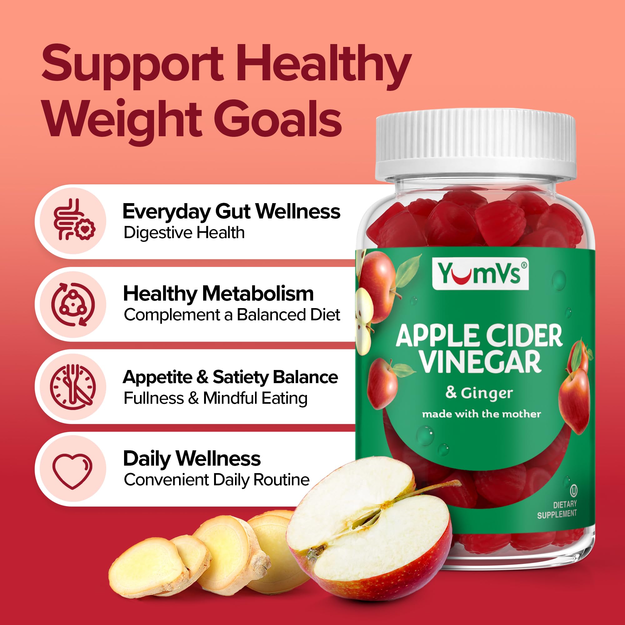 YUM-V'S Apple Cider Vinegar Gummies – ACV Gummies with Ginger & The Mother – Supports Metabolism, Vitality & Daily Wellness – Natural Apple Flavor Vegan, Non-GMO, Gluten-Free, Cider Gummy – 60 Count — Amazon image 3