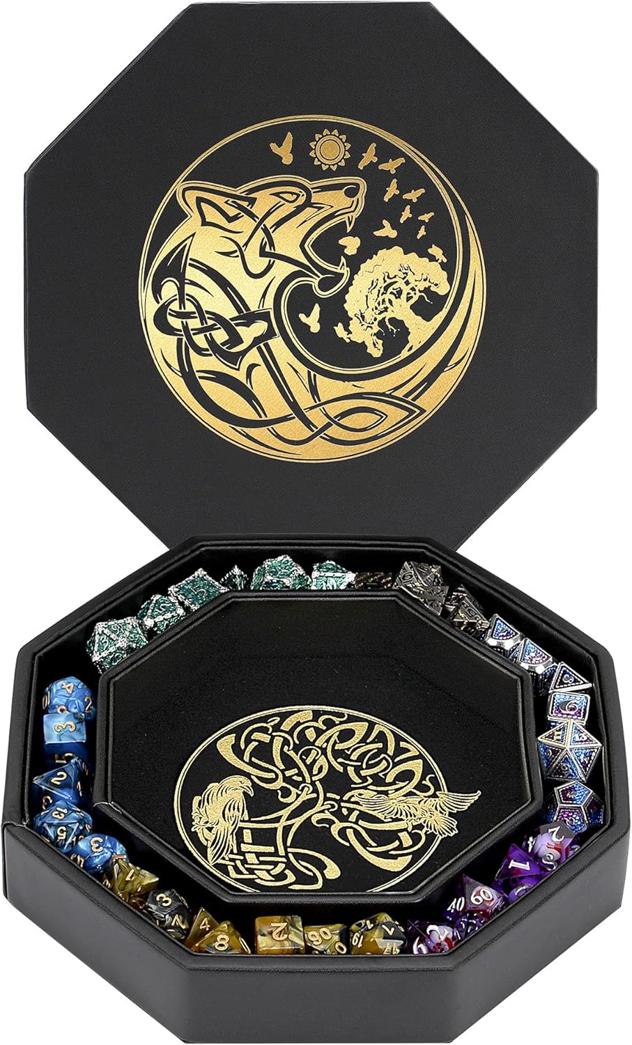 DND Dice Tray - Premium 9 Inch Tray for Dungeons and Dragons: Exquisitely Detailed Gold World Tree & Wolf Raven Design - Perfect Rolling & Box Storage to Protect Your Dice for D&D and RPG