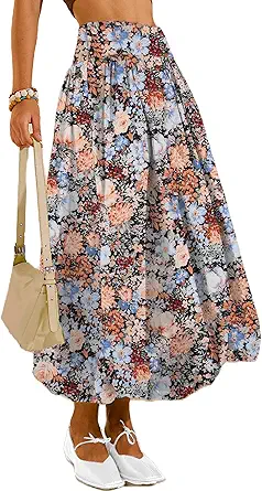 Women's Bubble Long Skirt Elastic Waist A-Line Pleated Ruffle Flowy Balloon Maxi Skirts with Pockets