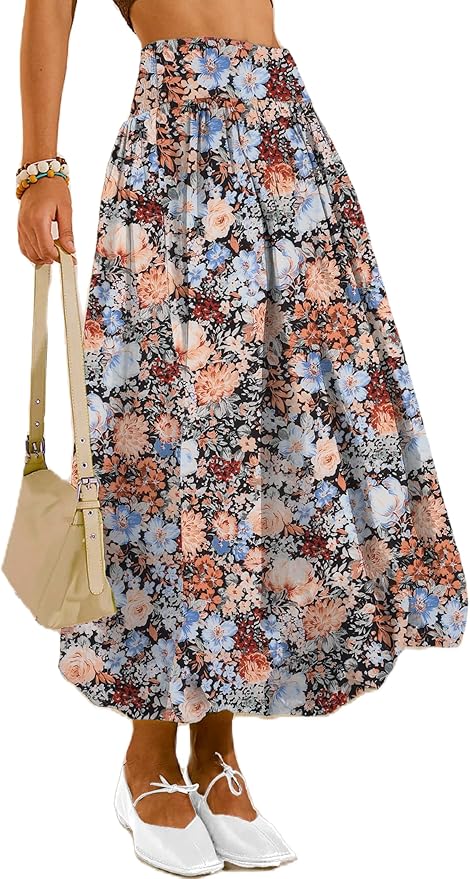 Women's Bubble Long Skirt Elastic Waist A-Line Pleated Ruffle Flowy Balloon Maxi Skirts with Pockets
