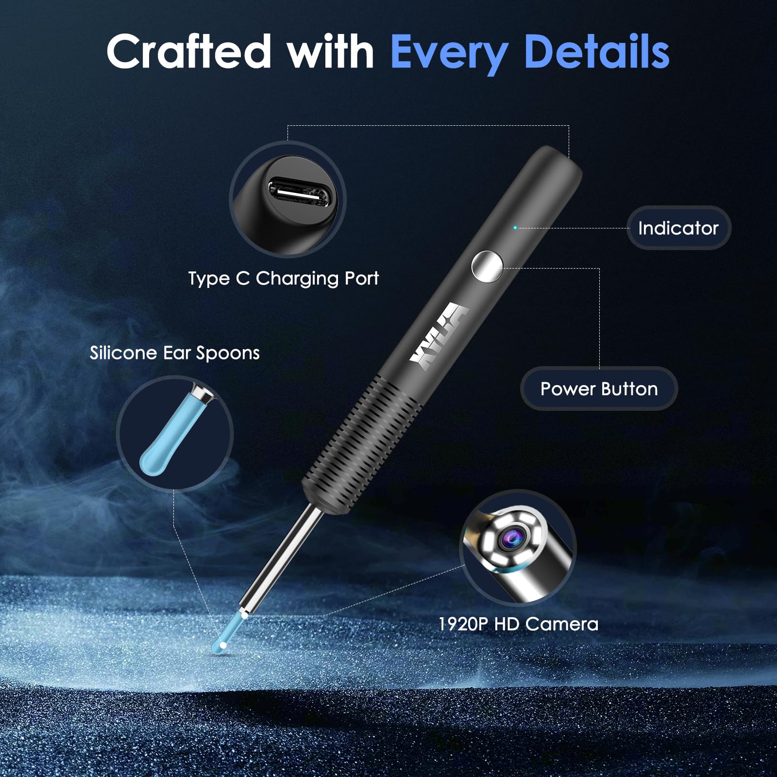 Xylla Otoscopio Pulizia Orecchie con Telecamera Ultra HD 1920P 3,5mm,Endoscopio Professionale WIFI Con 6 Luci LED,Pulizia Orecchie Impermeabile IP67,Compatibile con Android e IOS (Nero)