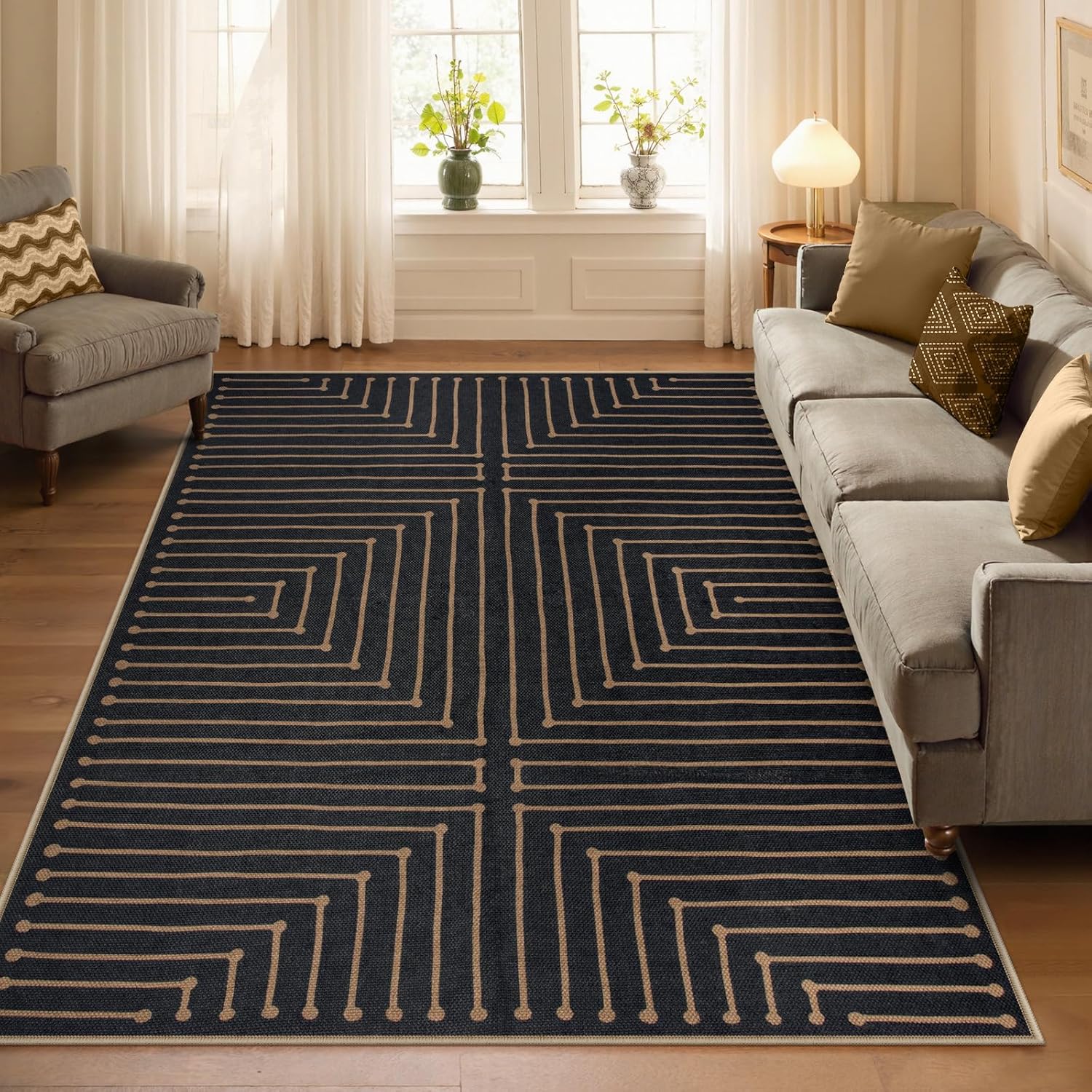 Lahome Neutral Geometric Outdoor Rug, 5x7 Black Living Room Dining Room Rug Indoor Outdoor Carpet, Farmhouse Rhombus Non Slip Non Shedding Carpet for Patio Deck Office Classroom