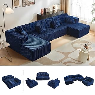 143.3'' Convertible Modular Sectional Couch, Modern U-Shaped Floor Sofa with Movable Ottomans, Comfy Corduroy Fabric Sofas, No Assembly Free Combination Couches for Living Room, Apartment,Blue - Amazon product rated Grade A