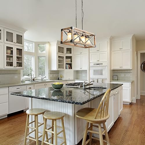 Miniatura 9 de LALUZ Lámpara de araña de granja para comedor, iluminación de isla de cocina de madera, 27.5 pulgadas de largo