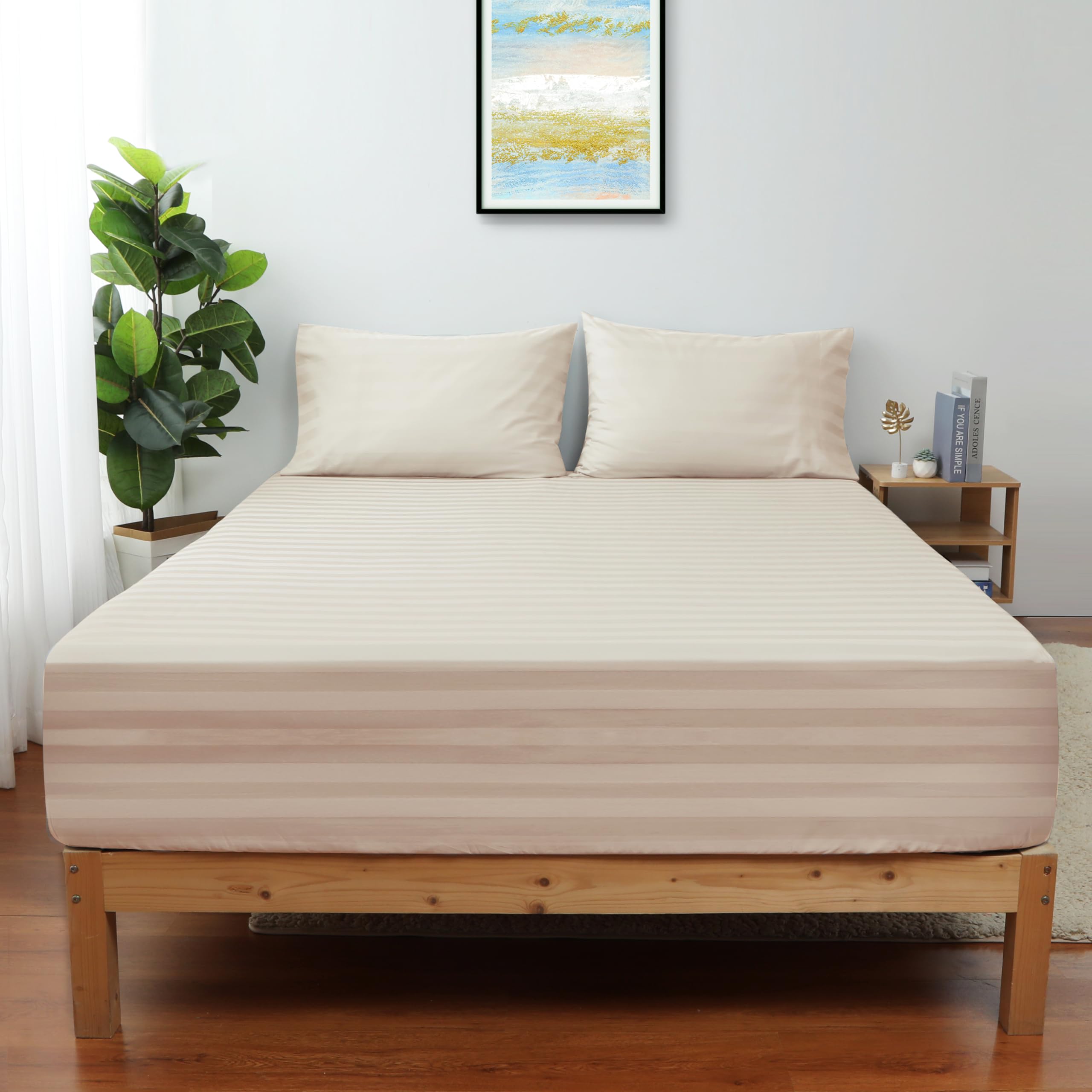 Full Size Striped Fitted Sheet Only Beige Color, 100% Egyptian Cotton 600 Thread Count, 16" Deep Pocket Premium Cotton Mattress Sheet (1 Bottom Sheet Only)