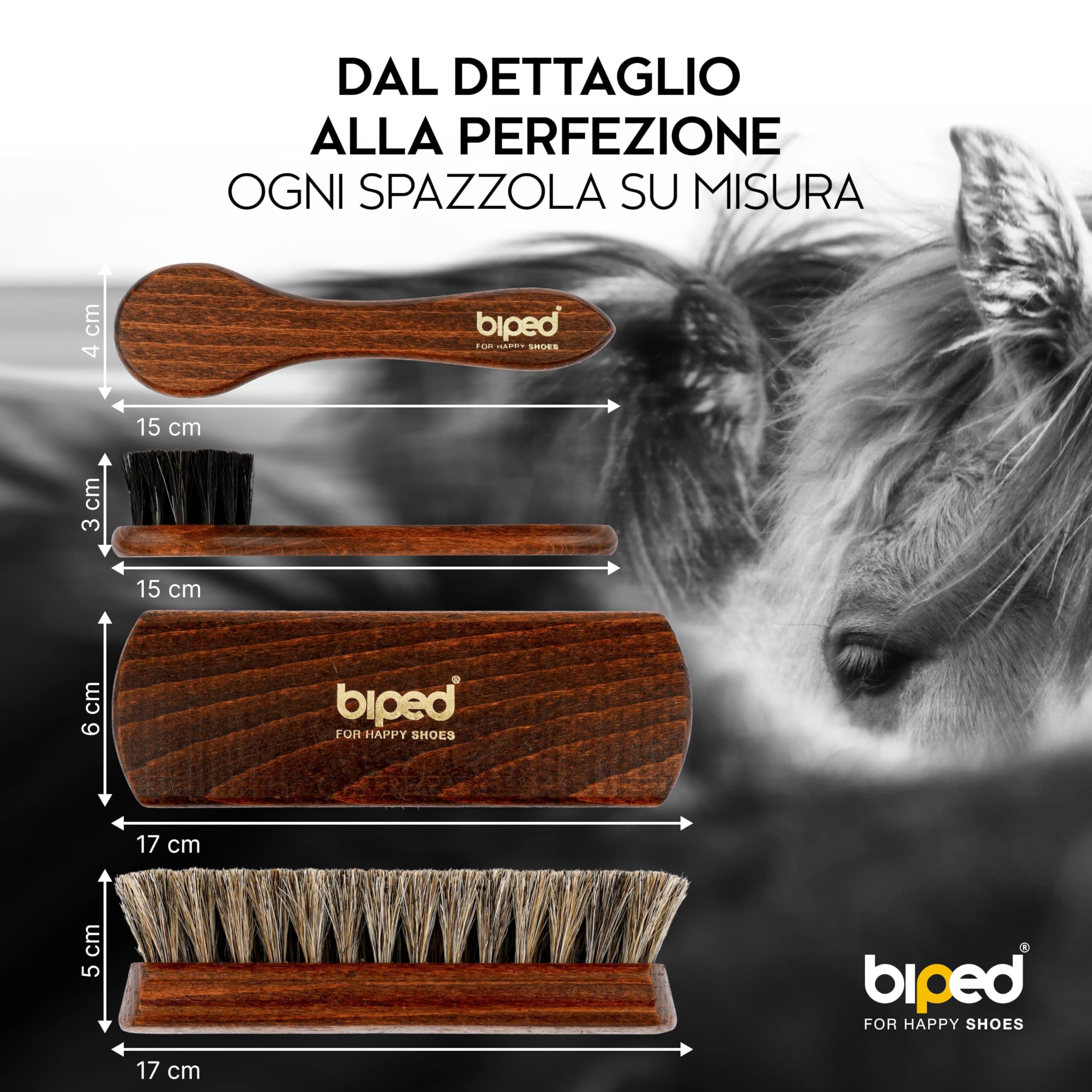 biped Set 4 spazzole per scarpe Classic in legno di faggio – 2 per applicare la crema + 2 per lucidare in crine di cavallo – kit completo per la cura delle scarpe in cofanetto z2487