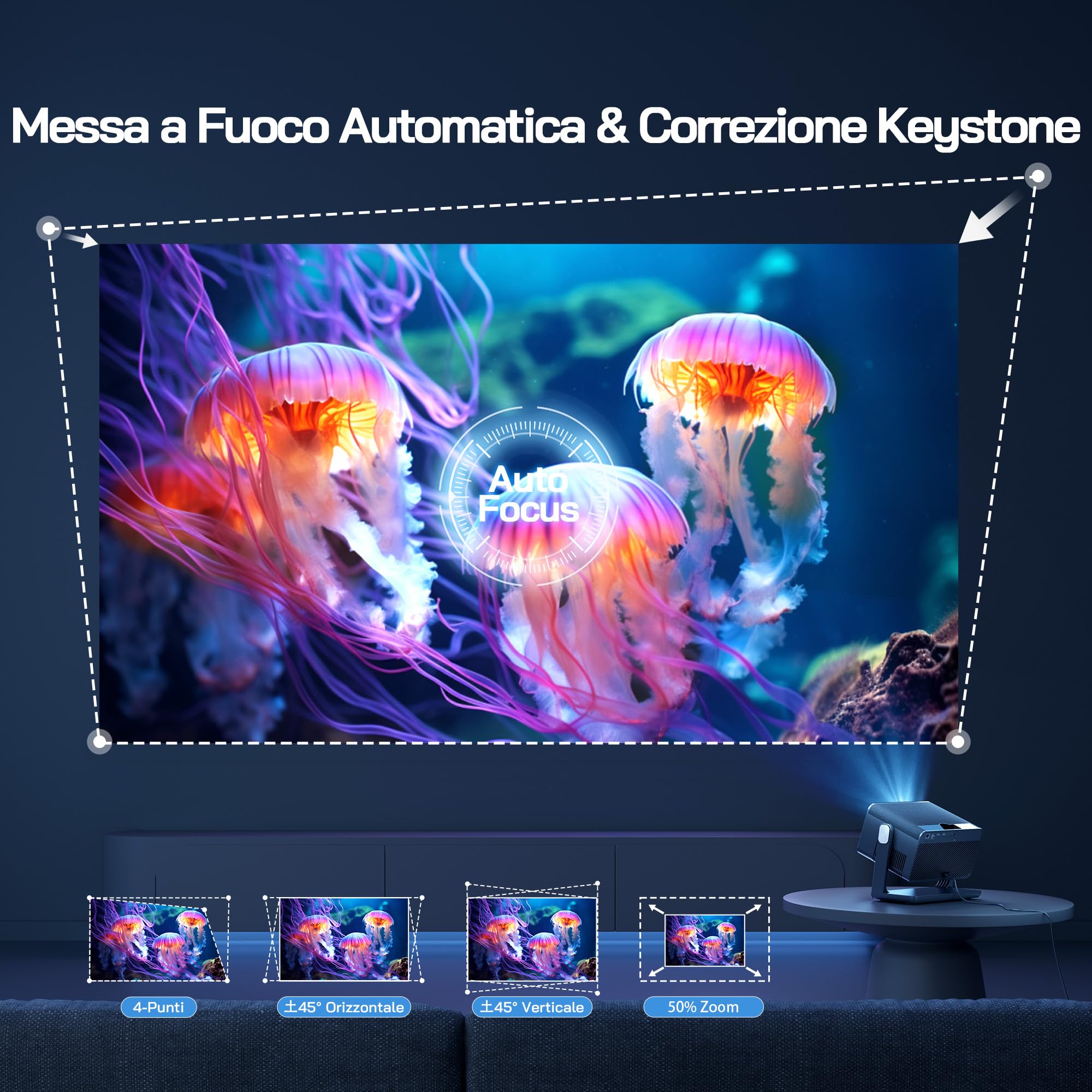 WOLFANG 28000 Lumen Mini proiettore 4K【Netflix Ufficiale & Autofocus/Correzione Trapezoidale】, WiFi 6 Proiettore Portatile con Bluetooth, Videoproiettore Home Cinema con Staffa a 180° per 300" Schermo