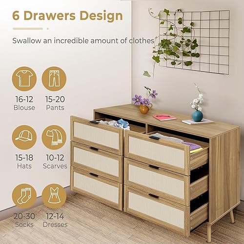 Miniatura 3 de Lyromix 6 cajones, soporte de TV ancho de madera para dormitorio, cómoda moderna de madera maciza de mediados de siglo con técnicas de manualidades