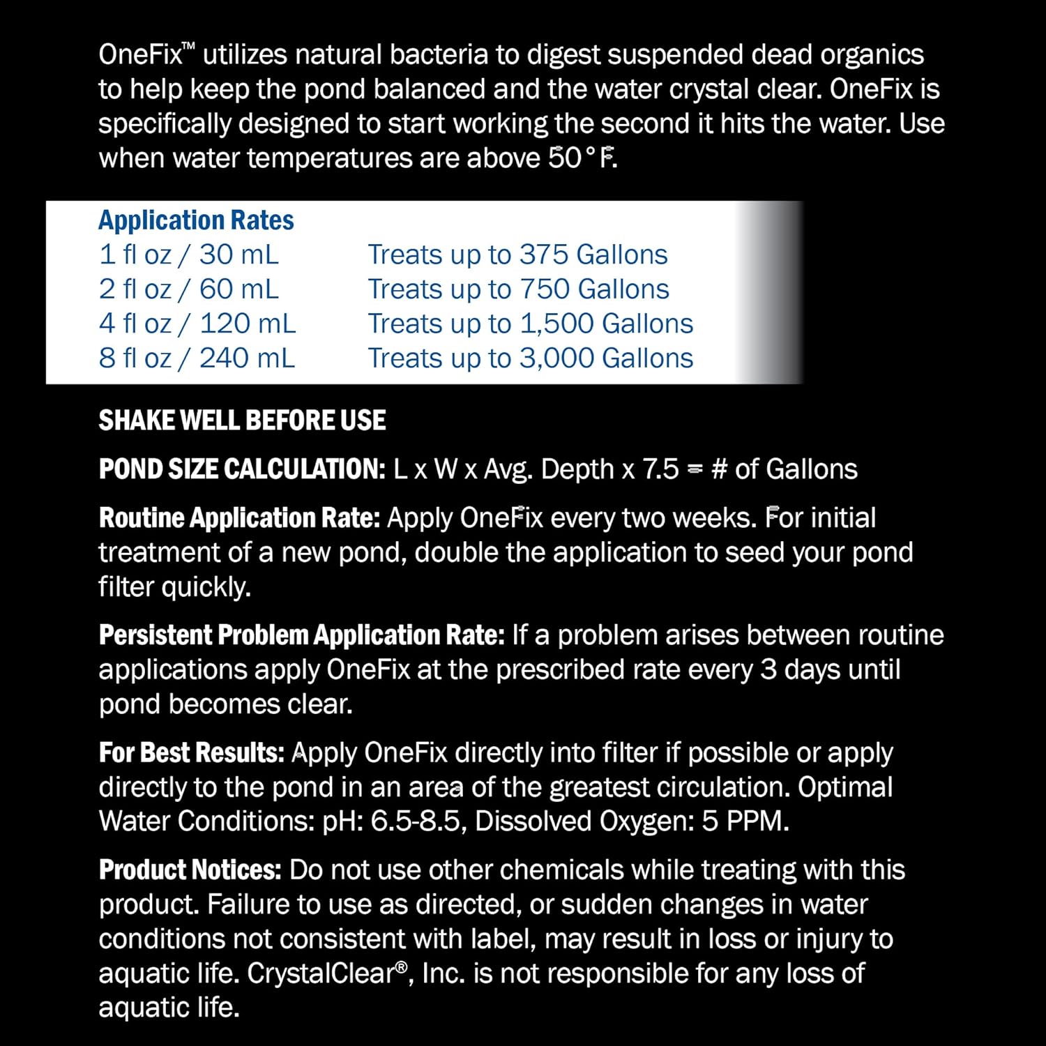 CrystalClear OneFix Beneficial Bio Clarifier Treatment for Clear Water Gardens, Small Outdoor Ponds & Fountains, Koi Fish, Plant & Pet Safe, 1 Gallon