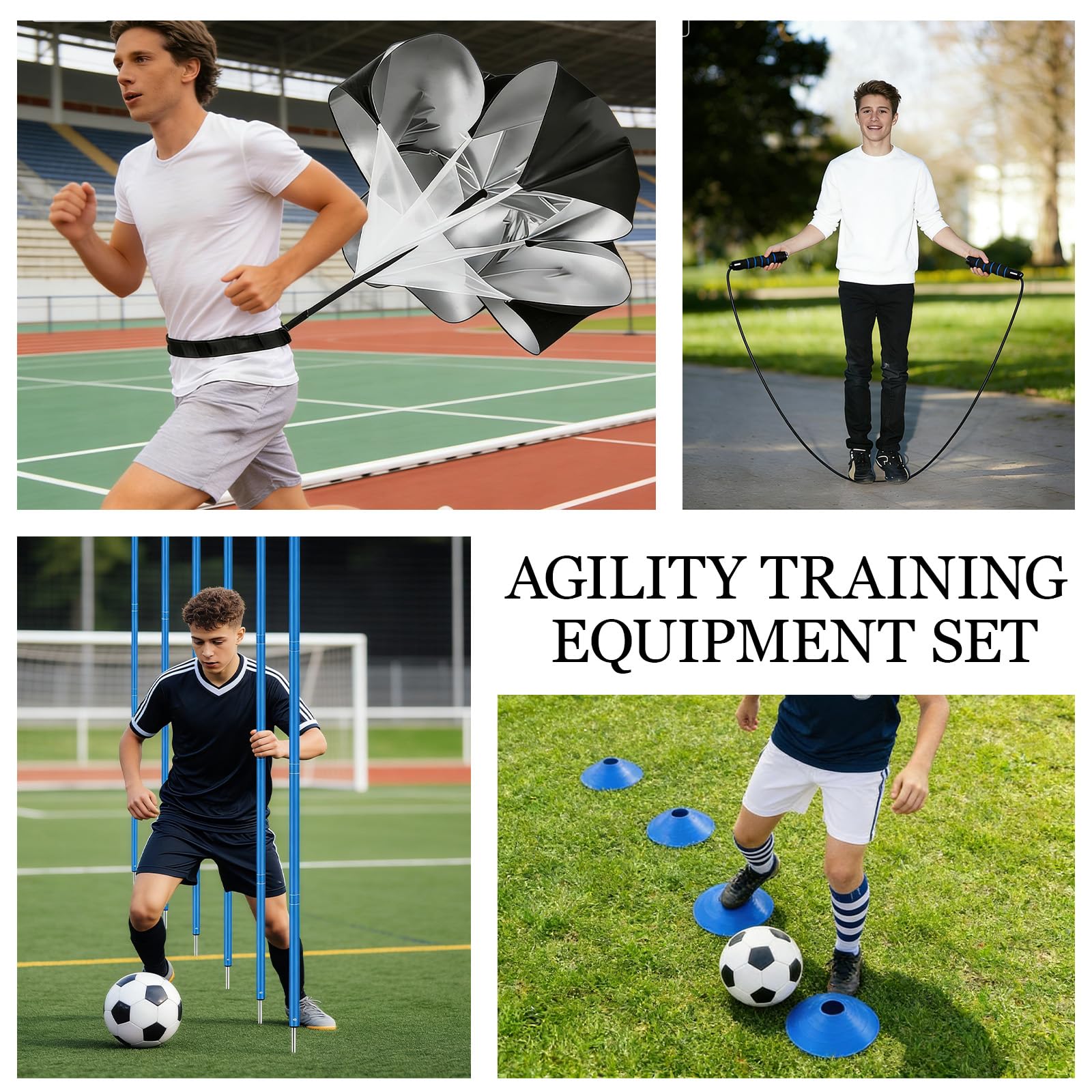 Fußball Trainingsset, Slalomstangen Fussball Trainingszubehör mit 6 Slalom Poles, Koordinationsleiter 6m, 12 Hütchen, Springseil und Resistance Fallschirm, Fussball Trainingszubehör Set