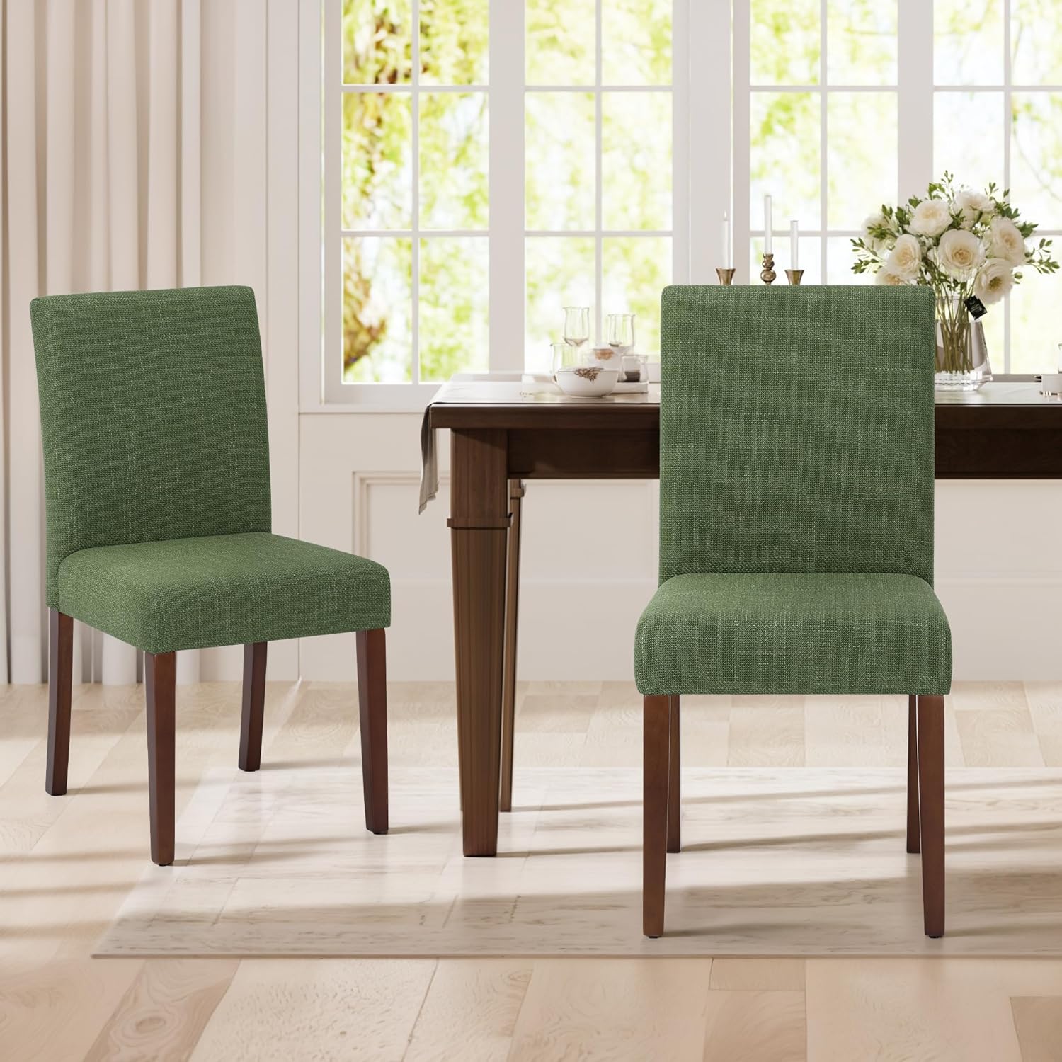 Upholstered Parsons Dining Chairs Set of 2, Modern Dining Room Chairs with Back, Fabric Kitchen Side Chairs with Wood Legs for Dinner Farmhouse Restaurant, Green