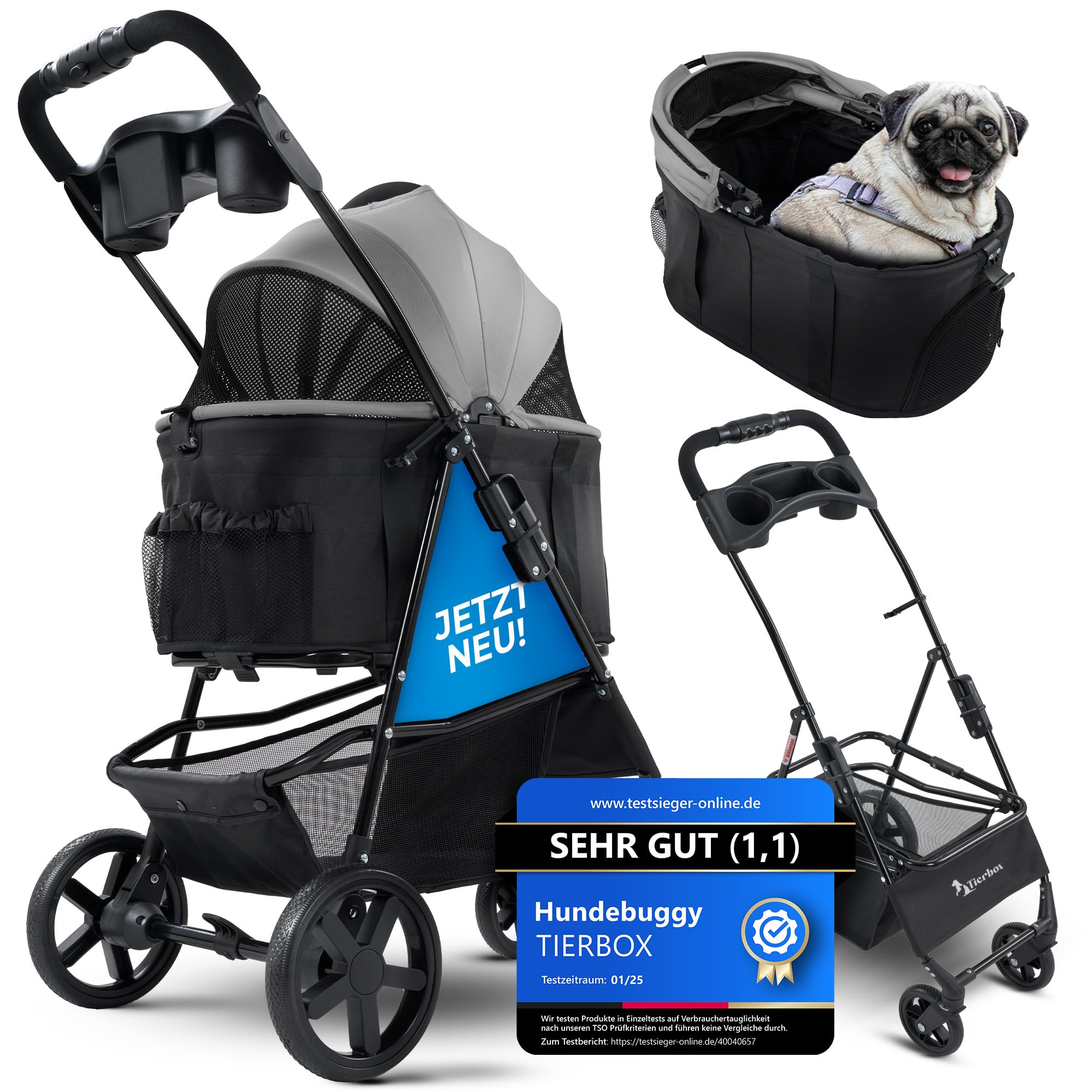 Hundebuggy bis 10kg Hundewagen für kleine Hunde klappbar mit QuickFold, Katzenwagen in Grau