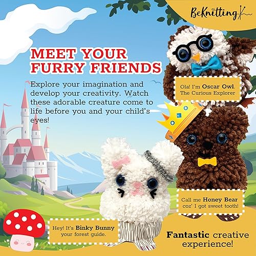 Miniatura 4 de BeKnitting Kit de manualidades para hacer pompones para niños, completo con hilo, fabricantes de pompones y calcomanías
