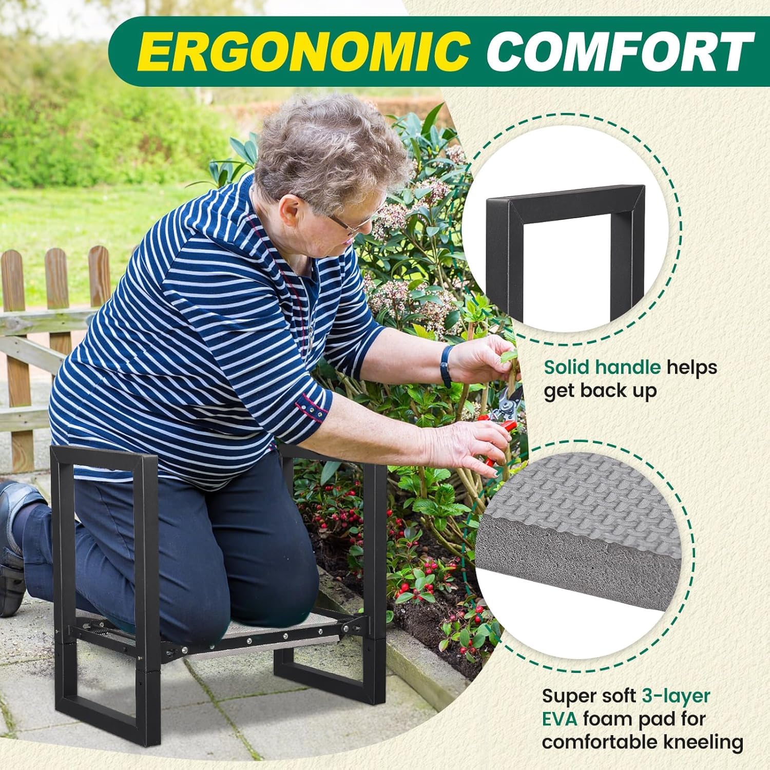Tabouret de Jardin Pliable, 32cm Pliable Banc Agenouilloir avec Poignées, Appareil Robuste pour Genoux, Capacité de 180 kg, Banc Multifonction de Jardin pour Seniors, Femmes, Hommes/Noir