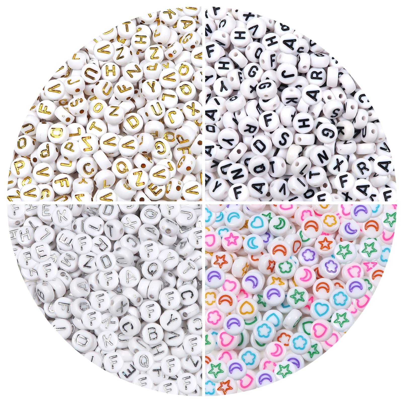 SUTOUG Lot De 1 000 Perles Rondes Colorées En Acrylique Avec Lettres à Enfiler, 4 X 7 Mm Pour La Fabrication De Bijoux, Loisirs Créatifs, Bracelets, Colliers, Ornements - Doré
