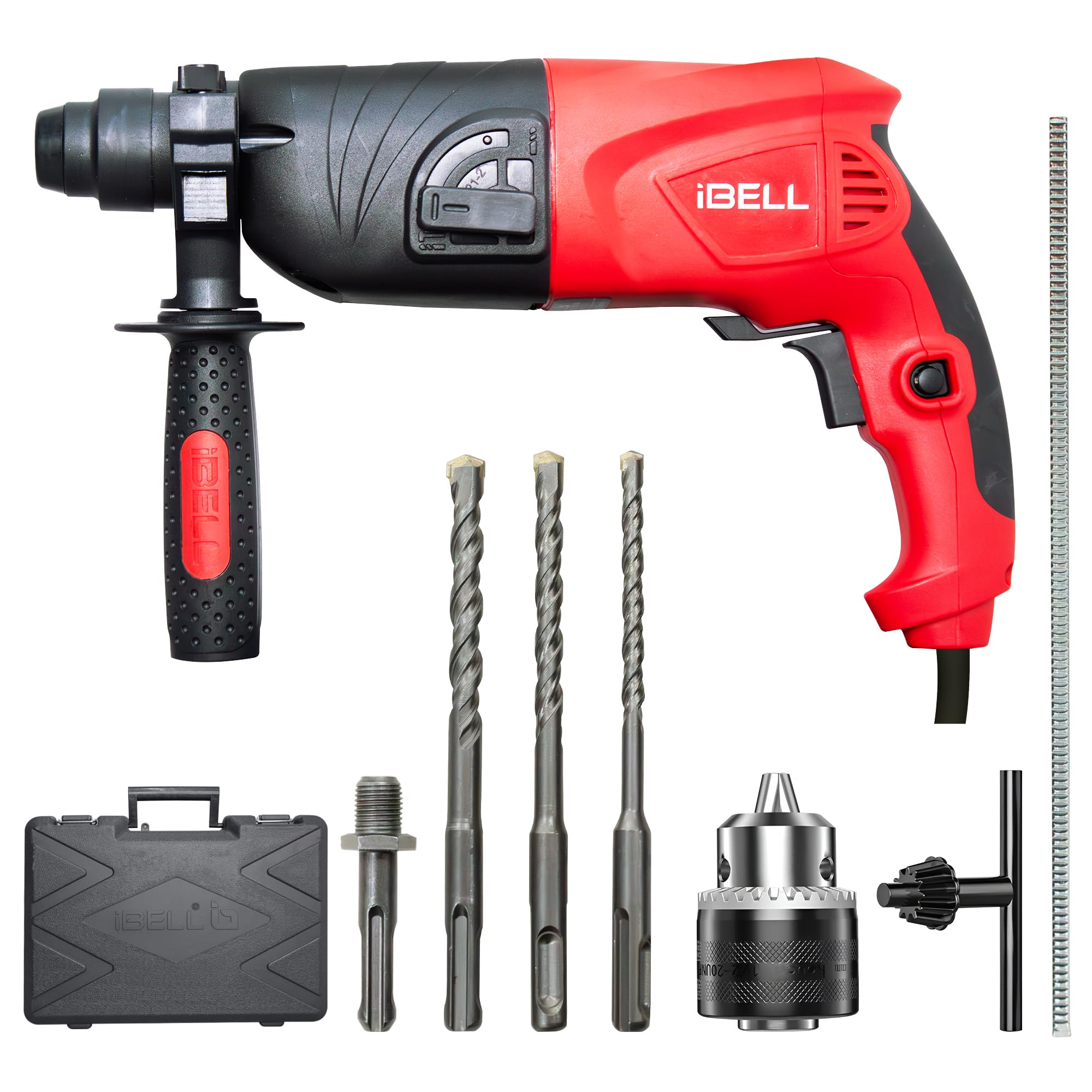 IBELL Rotary Hammer Dril RH20-25, 500W, Copper Armature, SDS Plus Chuck 20mm, 850 RPM, Impact Energy 1.5J, 2 Functions with Vibration Control (Red)