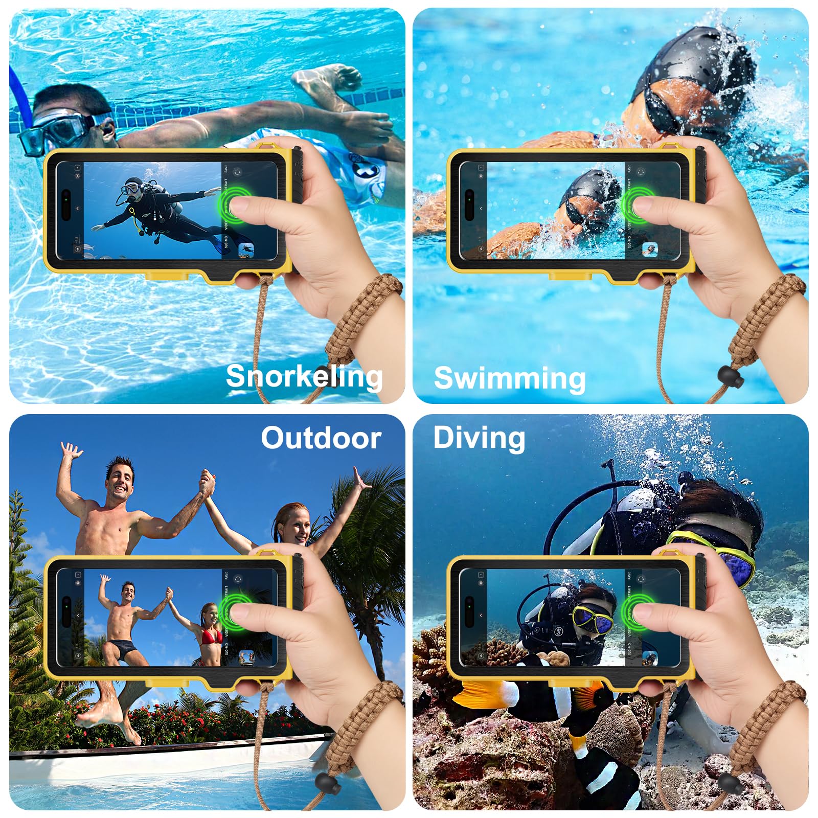 Funda impermeable para teléfono para esnórquel y buceo (10 m), IP68 impermeable, funda rígida para natación, funda universal para pantalla táctil subacuática compatible con iPhone (amarillo, funda de
