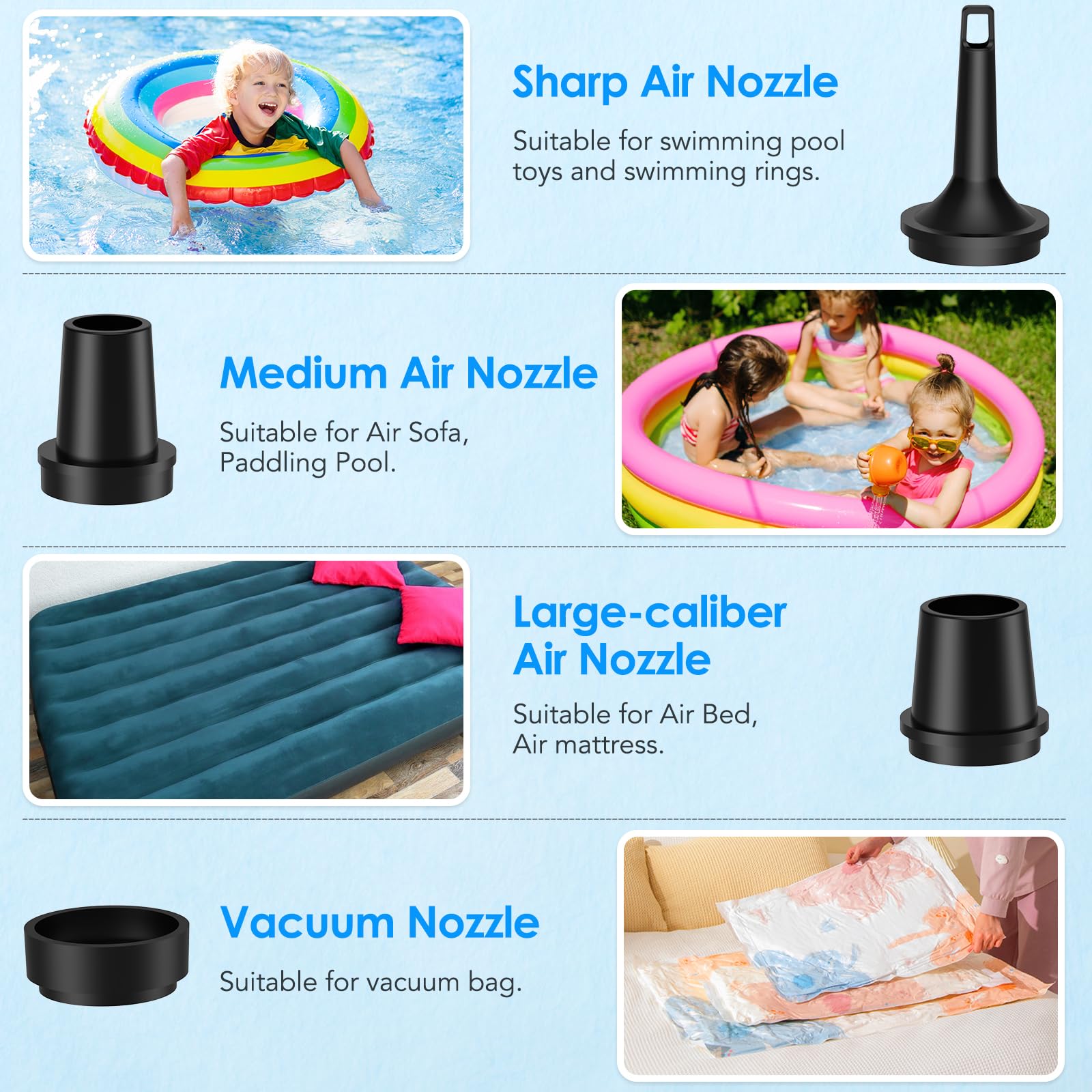 Pompa Elettrica, Pompa ad Aria Elettrica Portatile, A Riempimento Rapido per letto ad aria, 2 in 1 Pompa di Gonfiaggio e Sgonfiaggio, con 4 ugelli d'aria, per Campeggio, Materassi ad aria, Piscina
