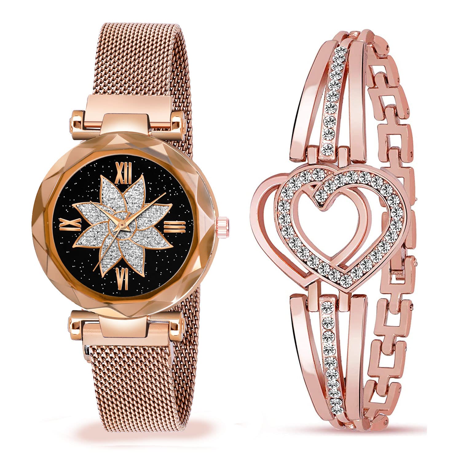 Shunya New Luxury Rose Gold Heart Stylish Bracelet & Magnet Strep Flower Black Dial Watch Combo Pack-02 Analog Watch - for Girls (B09B45PJ71) Amazon Price History, Amazon Price Tracker