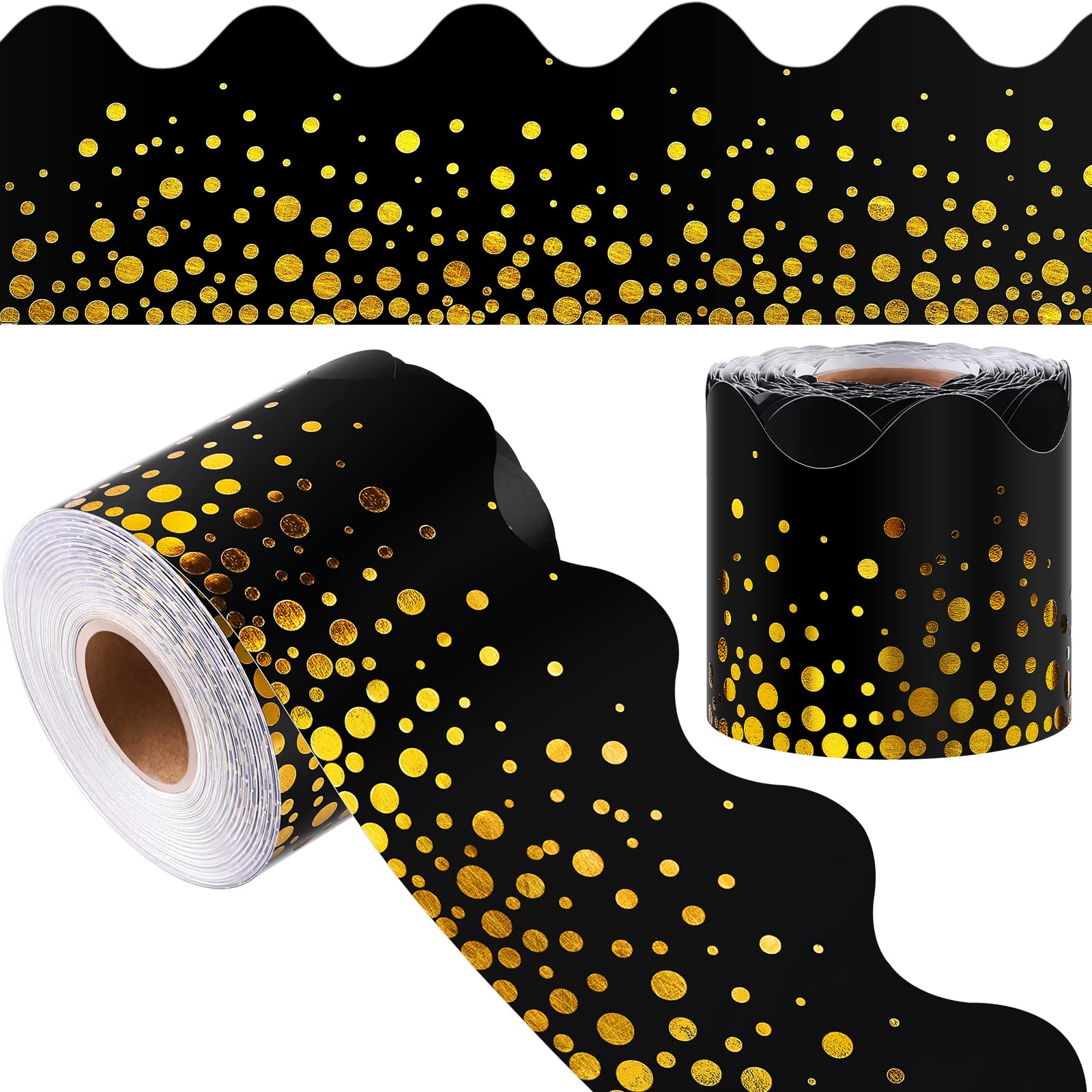 durony 65.6 Feet Bulletin Board Borders Black with Gold Foil Dot Border Trim Decoration Scalloped Border for Classroom Decoration