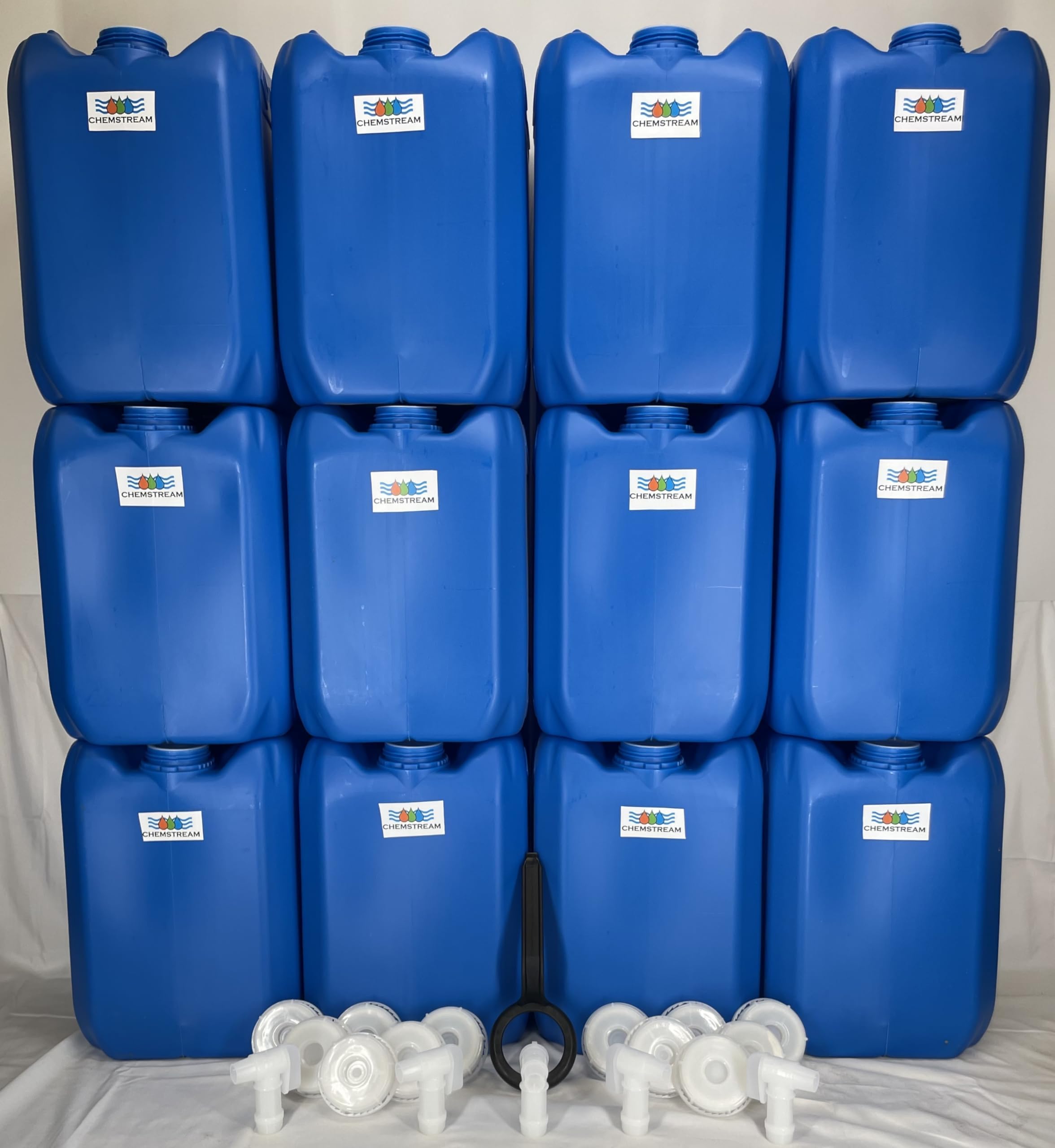 5 Gallon Stackable Emergency Water Storage Container | Beverage Dispenser | Carboy | Jerrican | 70MM Cap with 3/4" punchout for Spigot | 12 Pack | 5 Spigots | 1 Cap Wrench | 60 Gallon Capacity