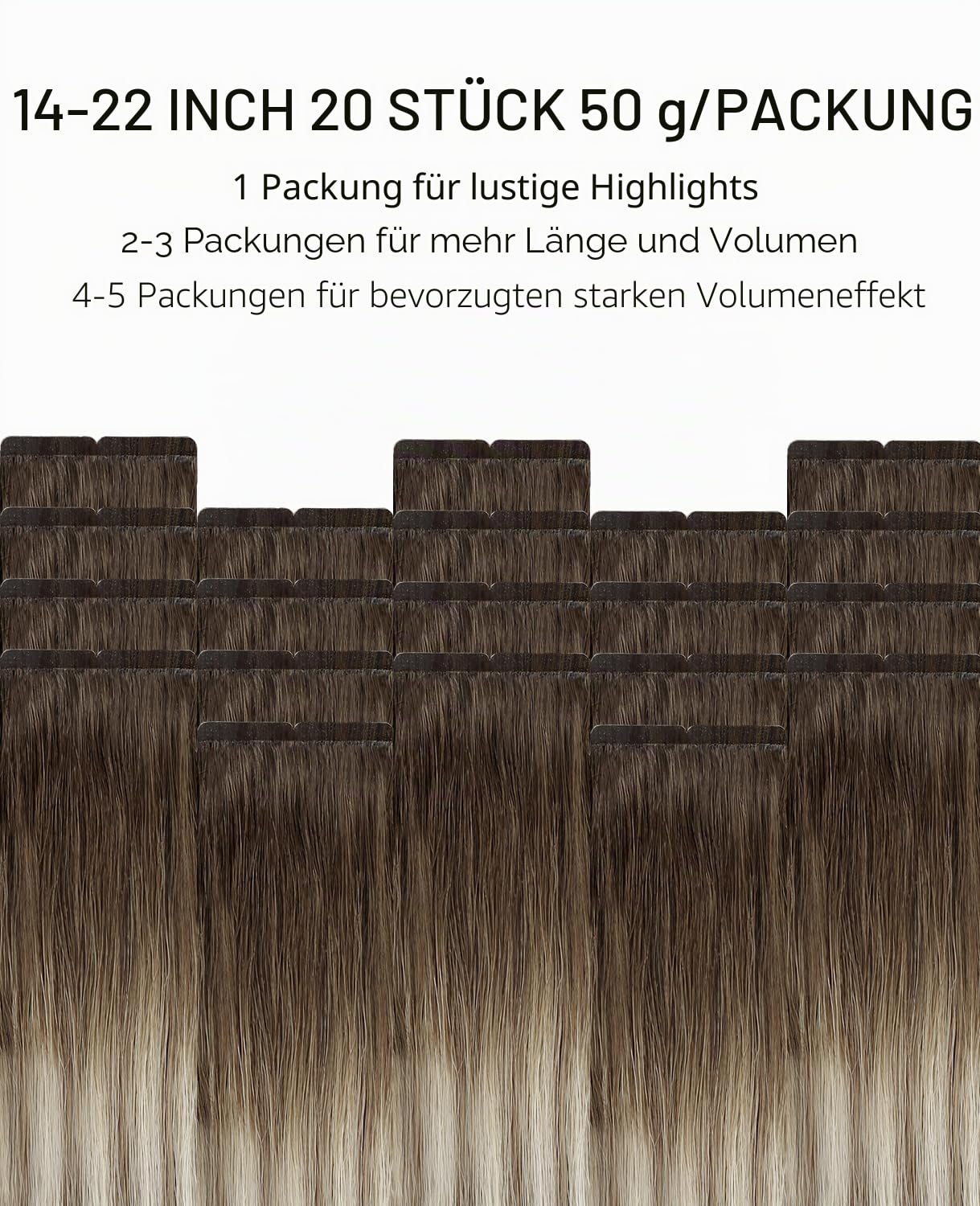 VINBAO Invisible Tape Extensions Echthaar Blond Ombré Dunkelbraun bis Hellbraun mit Dunkelblond Klebe Extensions Echthaar 20pcs 50g 55cm Seamless Tape in 22 Zoll #3/8/22