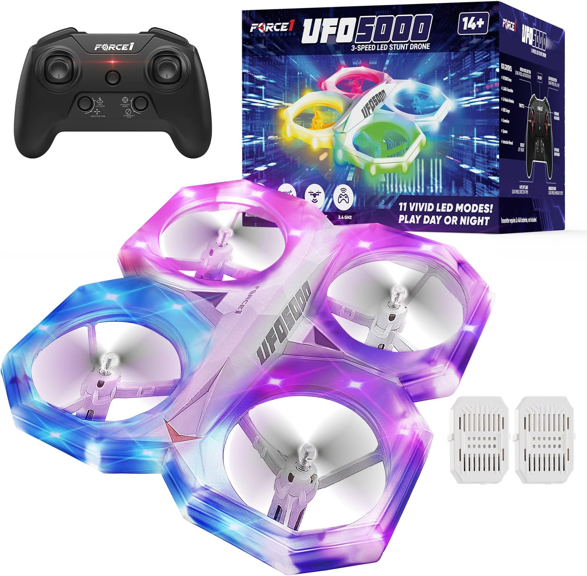 Force1 UFO 5000 Mini Drone for Kids - LED Remote Control Drone Flying Toy, Small RC Quadcopter for Beginners with Leds, 2.4 GHz Remote Control, 360 Flips, 11 LED Modes, 3 Speeds, 2 UFO Batteries