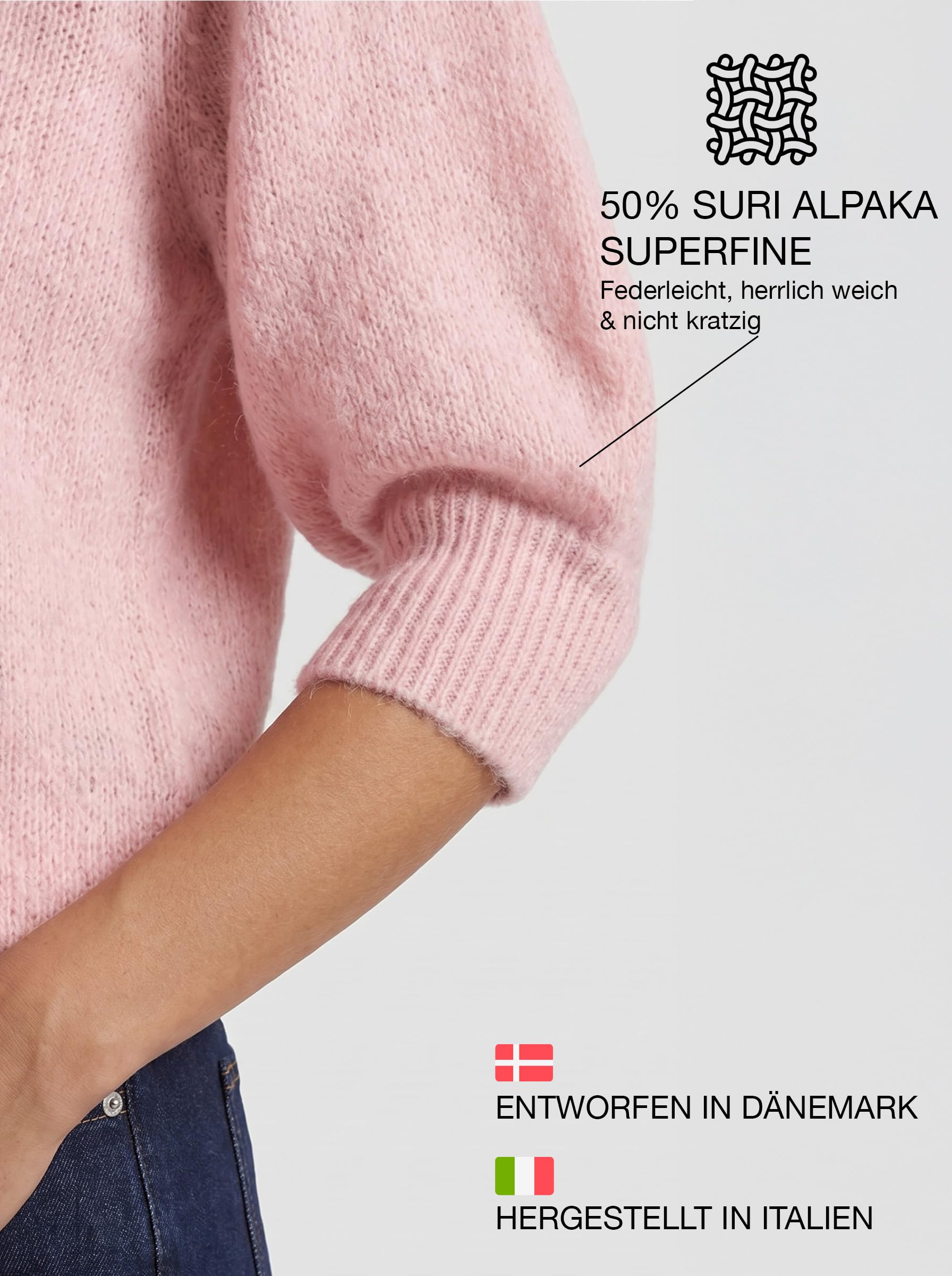 Americandreams Koa - Maglione corto da donna in alpaca leggero, con scollo a V e maniche a 3/4, in alpaca e lana merino