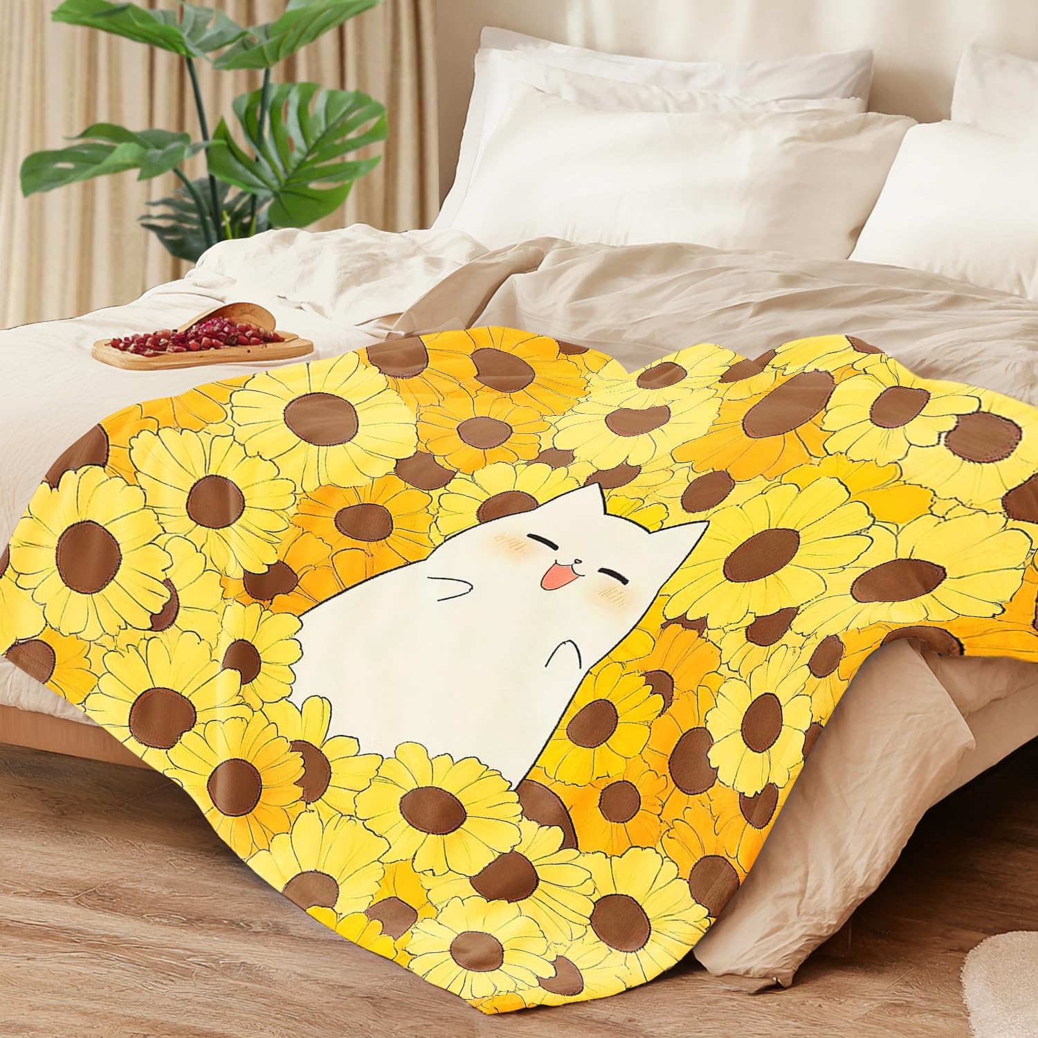 Cat Sunflower Blanket Cat Sunflower Decor Cozy Animal Throw Super Soft Plush Flannel Fleece Blanket Gift for Kids Adults Men Women Ultra Warm & Lightweight Flannel, 50"X40" - Image 3