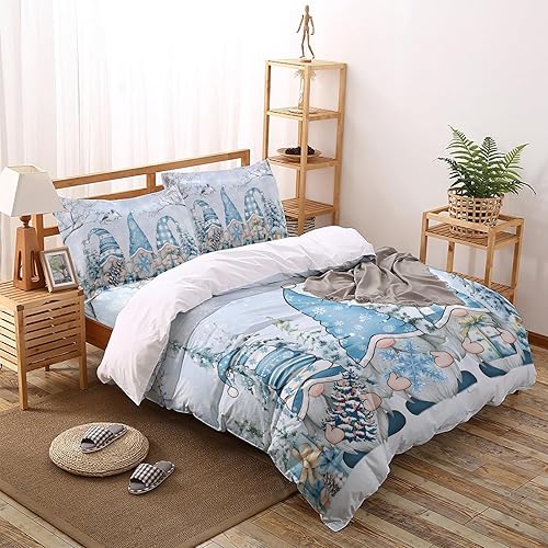 Juego de funda de edredón tamaño California King, juego de funda de edredón de 4 piezas de gnomos azules, juegos de ropa de cama de árbol de Navidad