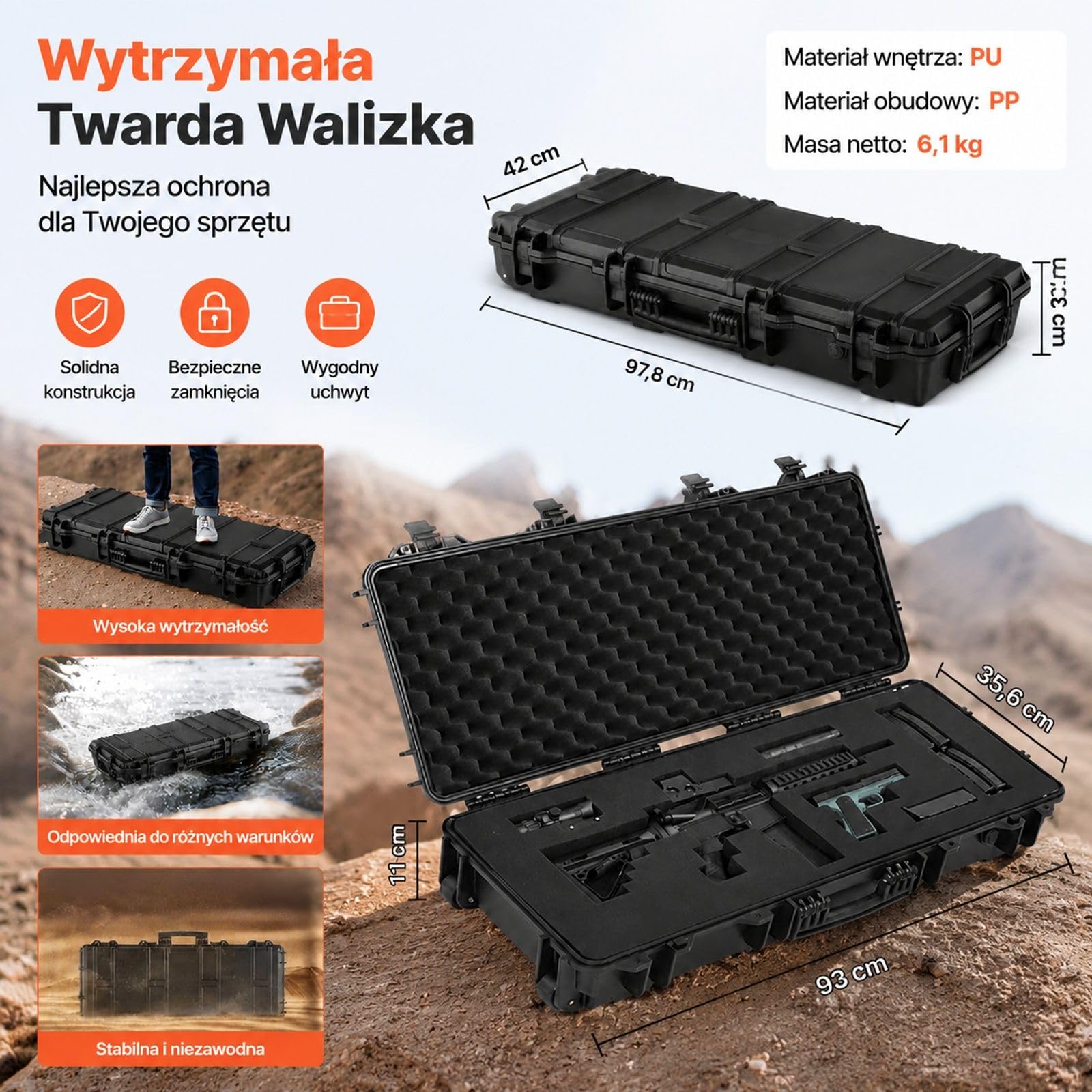 Twardy futerał na broń długą, zamykana walizka z wyciętą pianką i kółkami, czarna