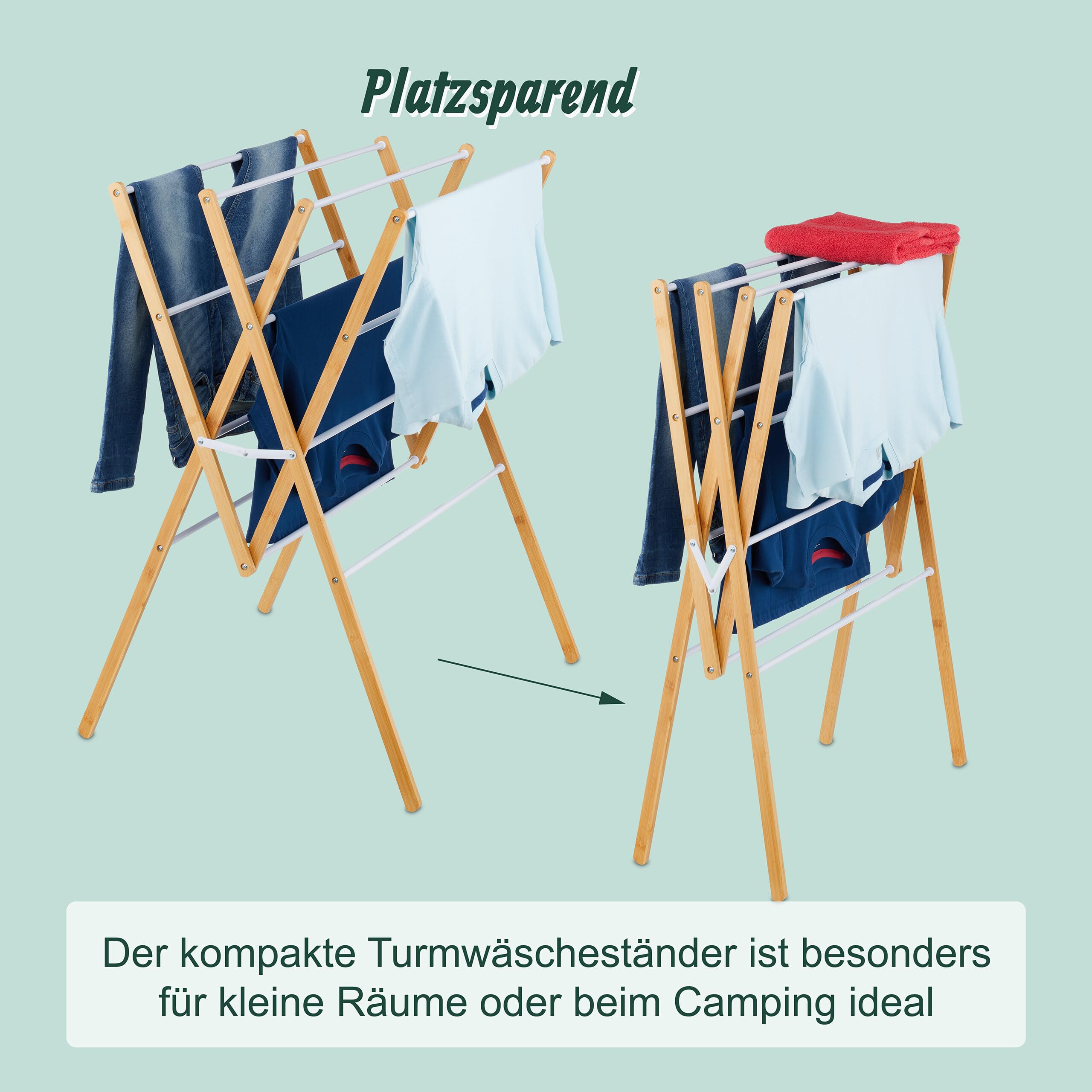 Relaxdays Wäscheständer, klappbar, 12 Stangen, HxBxT: 93 x 70 x 62 cm, Bambus, Metall, Turmwäscheständer, Natur/weiß