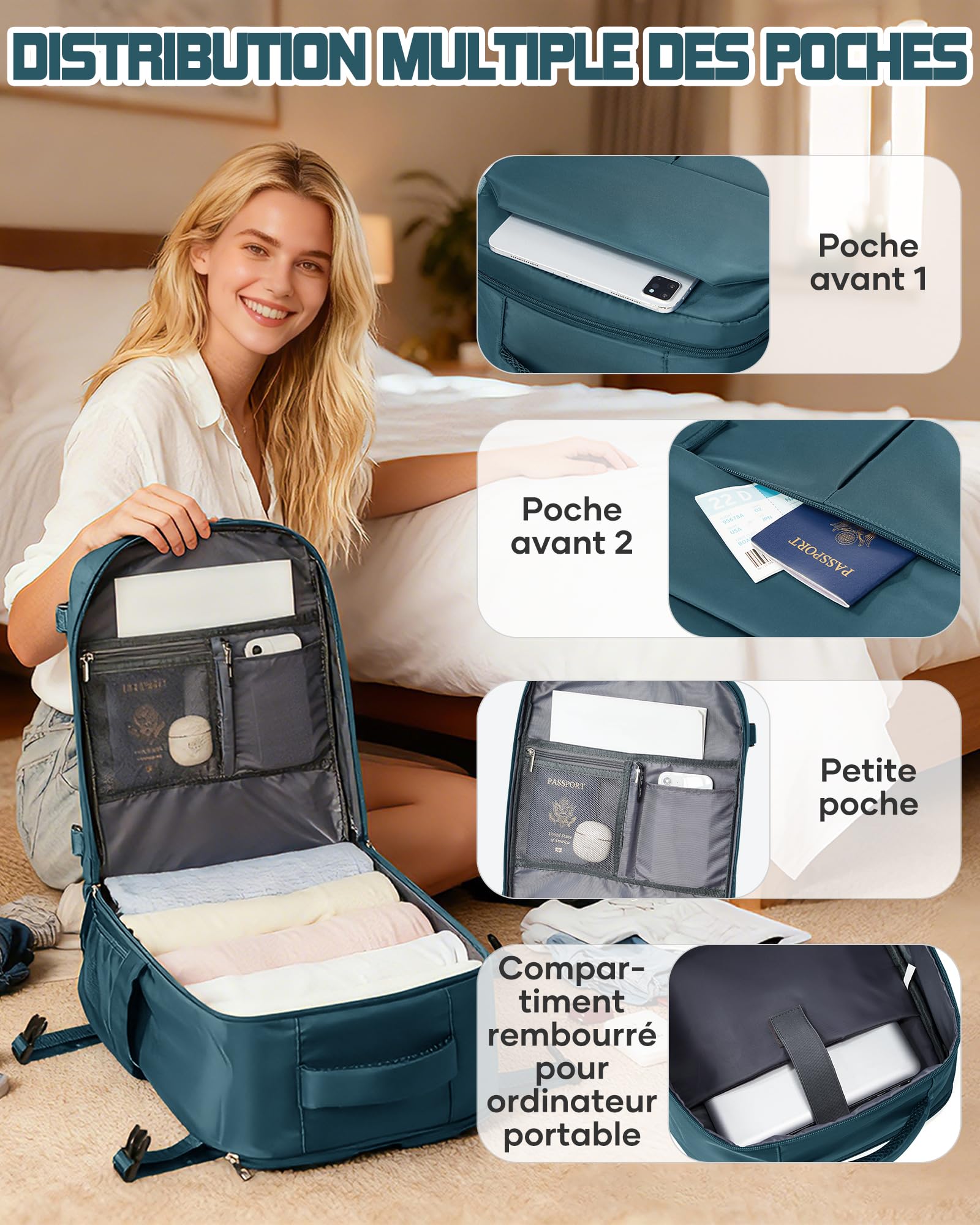 suradar Bagage Cabine 40x30x20 Sac Ryanair Sacs a Dos Voyage Cabine Avion 40x30x20 pour Wizzair Eurowings avec Compartiment à Chaussures Sacs à Dos Ordinateur Portable 14 Pouces Homme Femme Bleu paon