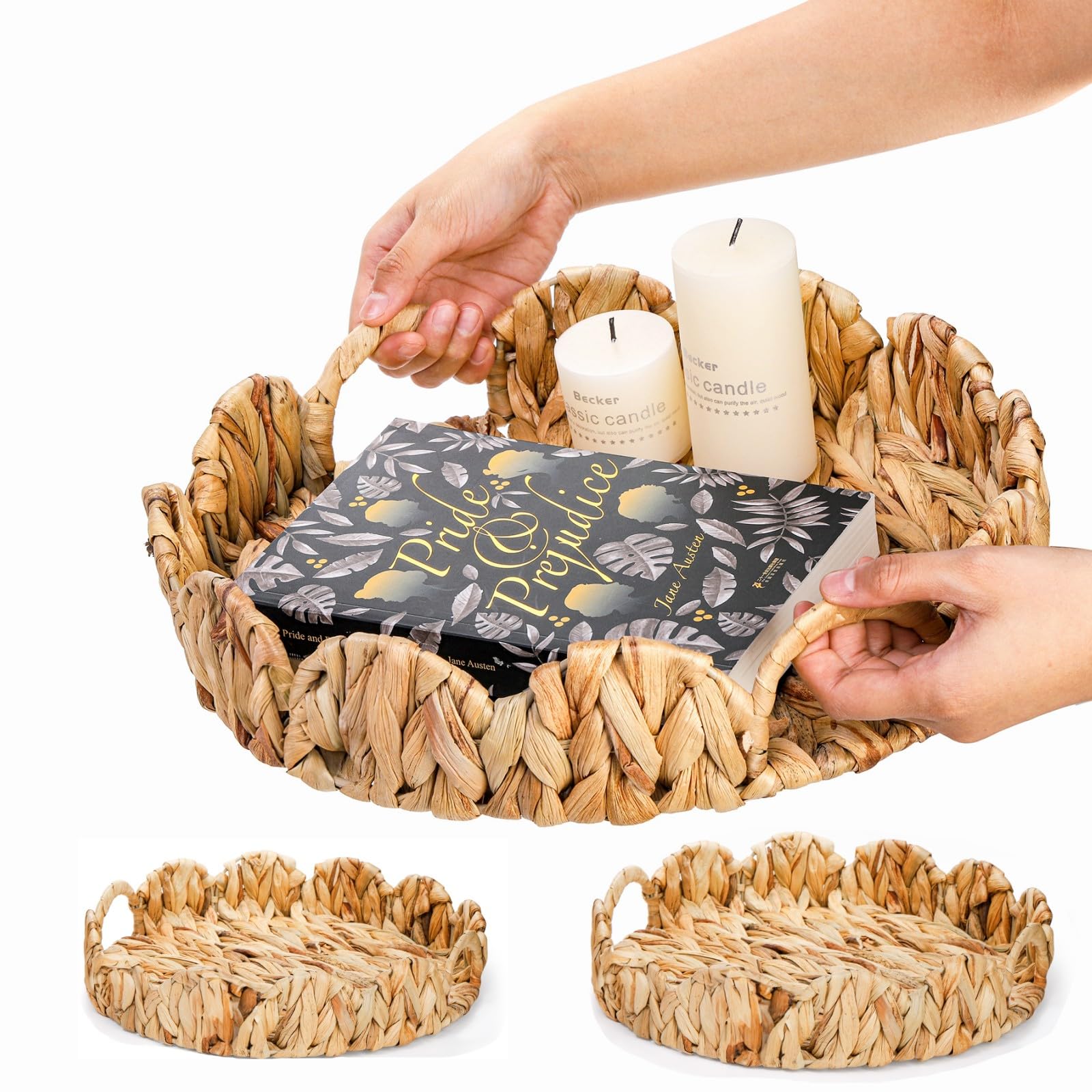 Set of 2 Round Water Hyacinth Tray, Scalloped Serving Tray with Built-in Handles Decorative Wicker Rattan Organizer for Kitchen Living Room Decor, 12 Inch 13 Inch