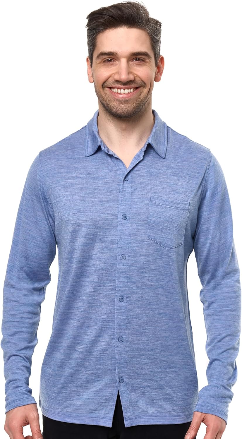 Merino Wool Shirts for Men - 100% Merino Wool Button Up Shirt Men Long and Short Sleeve Lightweight Breathable