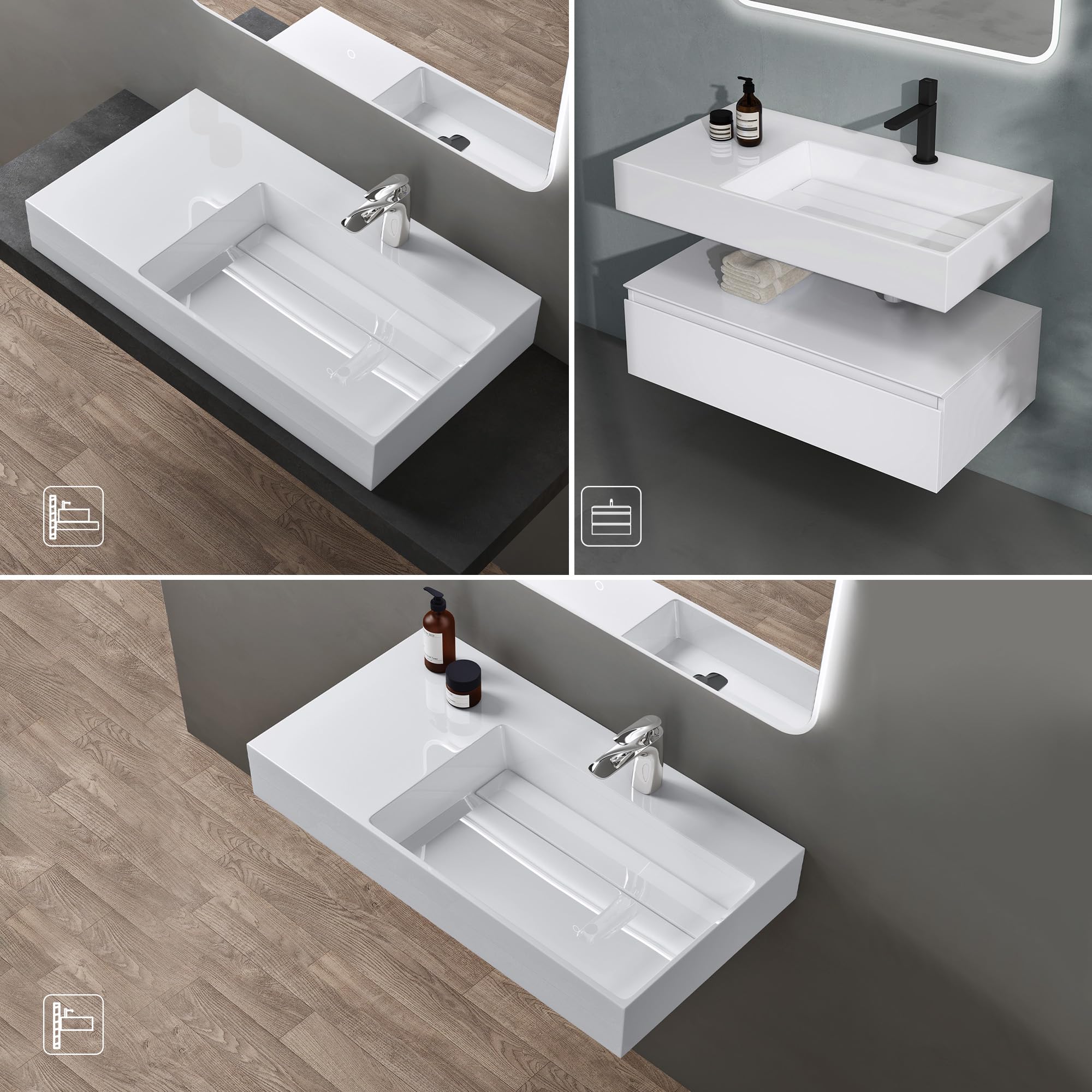 doporro Lavabo Bagno Sospeso Lavabo da Appoggio Rettangolare in Marmo Resina Bianco Lucido, Vasca a Destra 75x43x14 cm con 1 Foro Rubinetto e Piletta Scarico, Colossum12