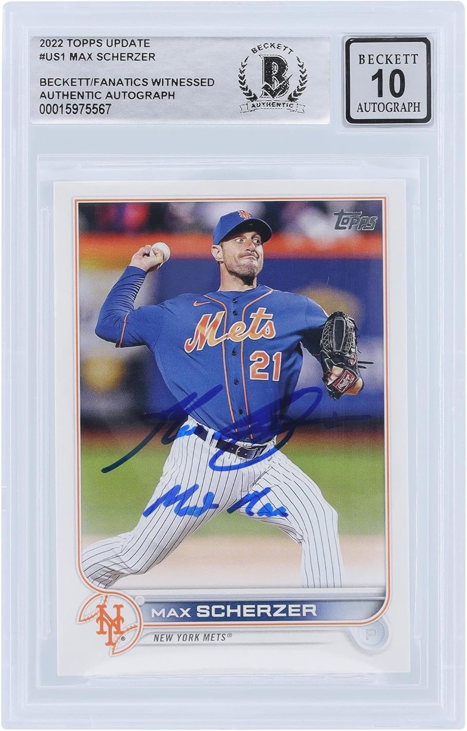 Max Scherzer New York Mets Autographed 2022 Topps Update #US1 Beckett Fanatics Witnessed Authenticated 10 Card with "Mad Max" Inscription - Baseball Slabbed Autographed Cards