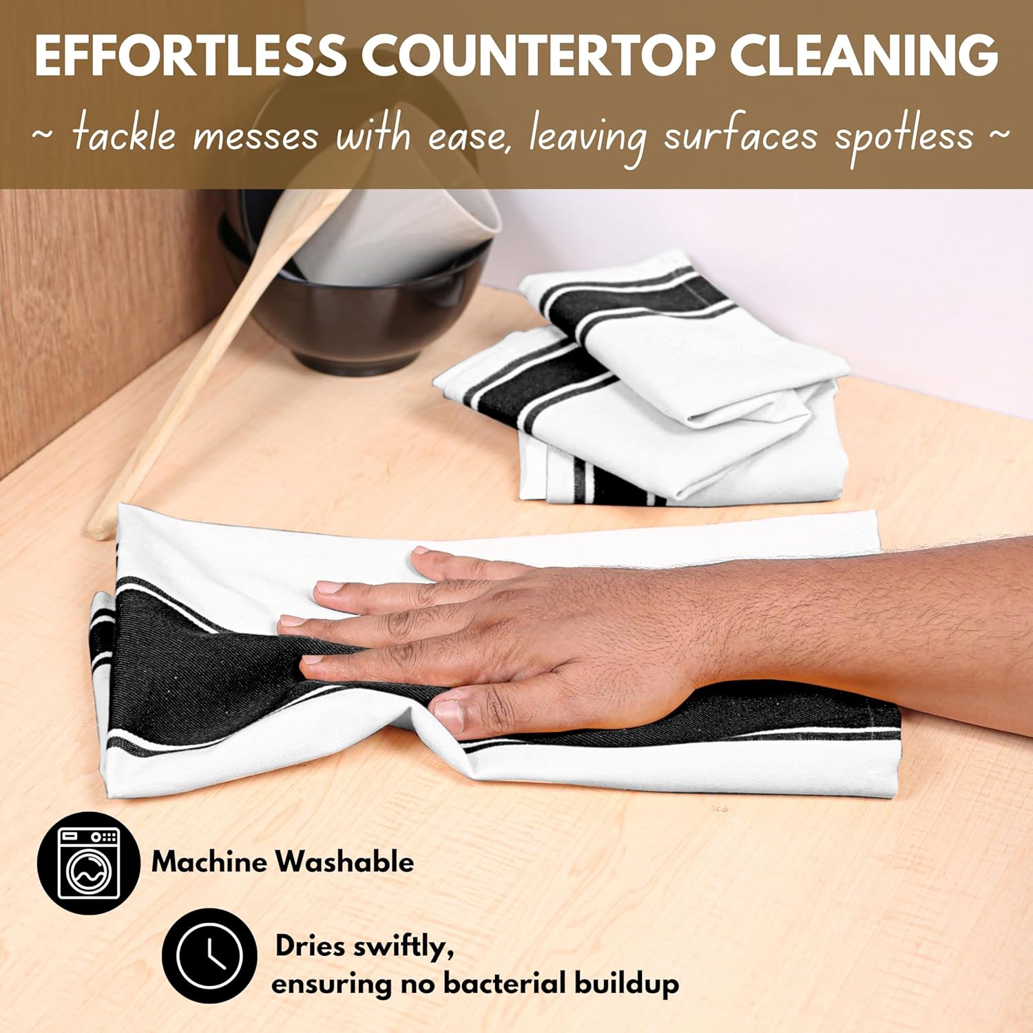 Native Fab Wide Striped Kitchen Towels - 18x28 Inch, 4 Pack Dish Towel Set, Highly Absorbent, Quick Drying, Cotton Dish Cloths for Dish Drying, Hand Wiping, and Counter Cleaning - Black - Image 7