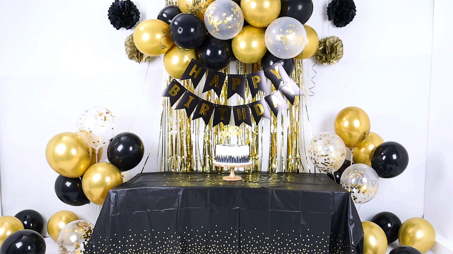 Black And Gold Birthday Party Decor Kit - Complete Set With Crown Balloons, Banner & Tablecloth