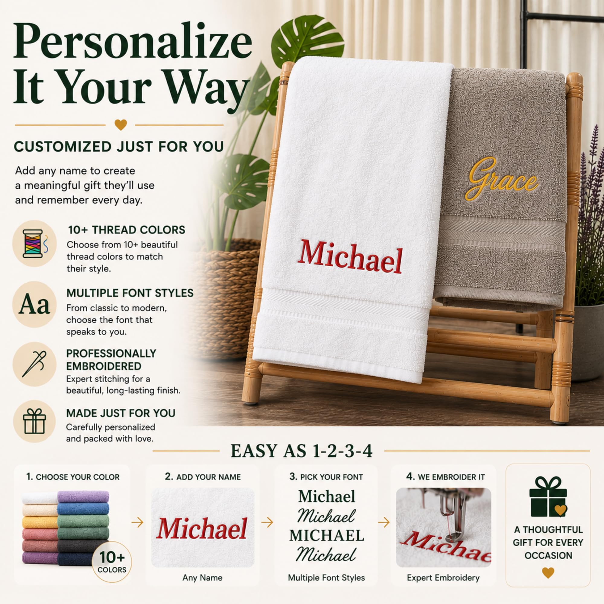 Toallas personalizadas, juego de toallas de algodón turco personalizado, toallas con monograma con iniciales, nombre y bordado, ideal para bodas, despedidas de soltera, aniversarios, inauguración de